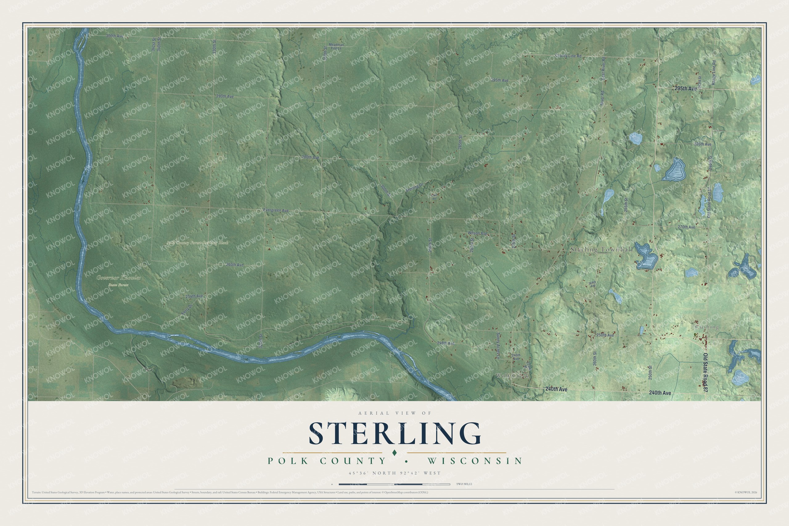 Full map of Sterling, Wisconsin, with red buildings, printed street names and the land around them