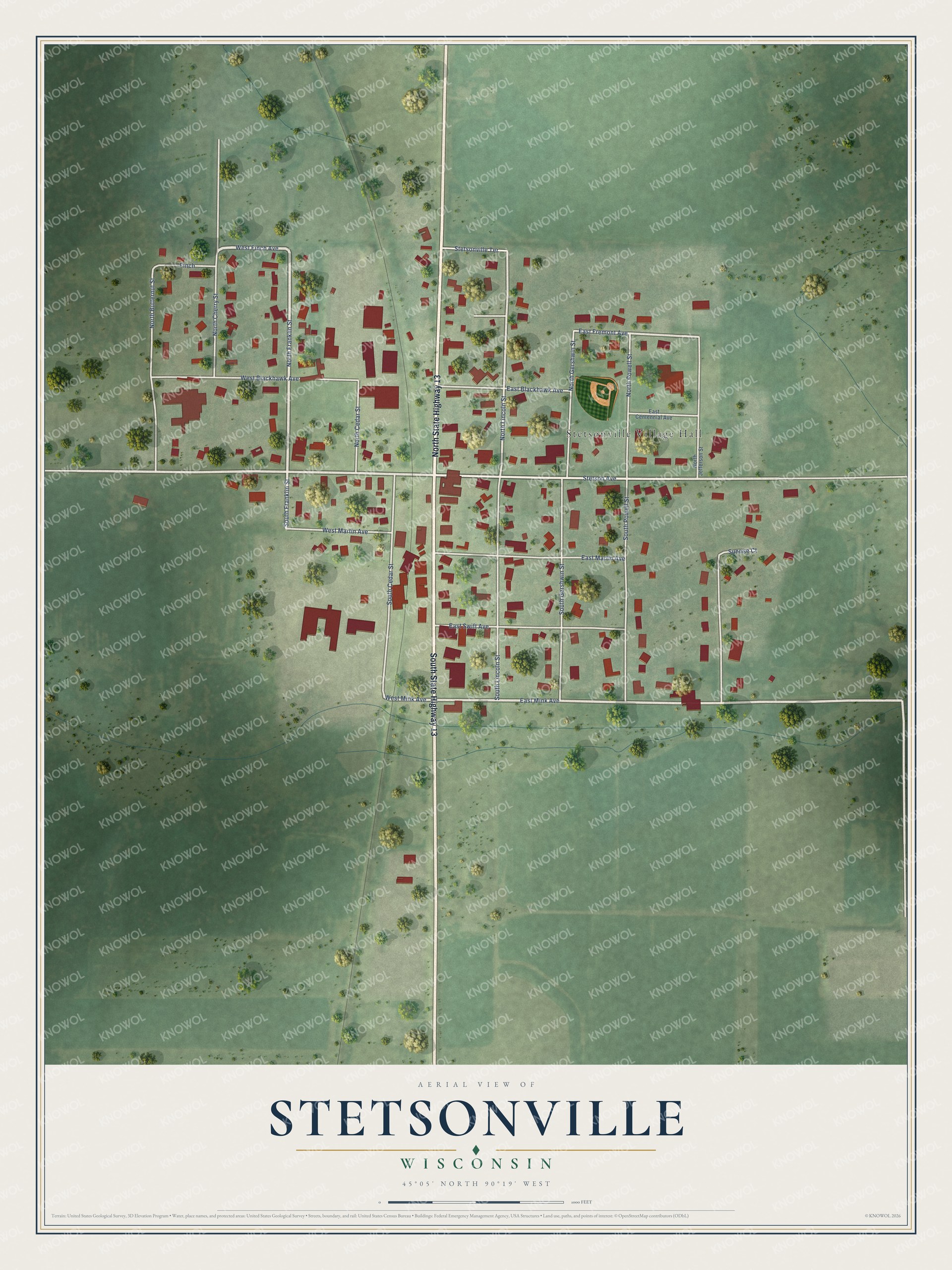 Full map of Stetsonville, Wisconsin, with red buildings, printed street names and the land around them