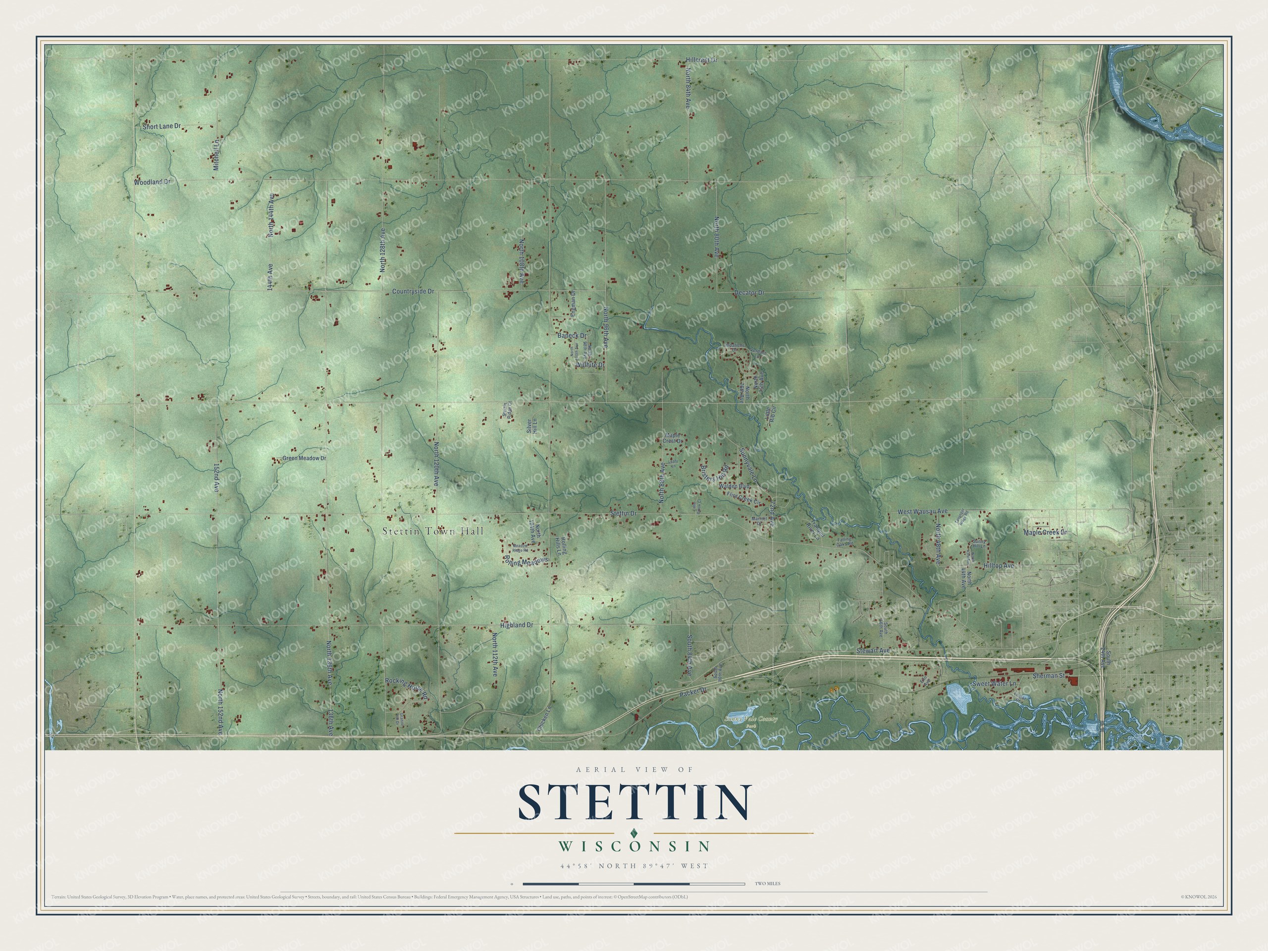 Full map of Stettin, Wisconsin, with red buildings, printed street names and the land around them