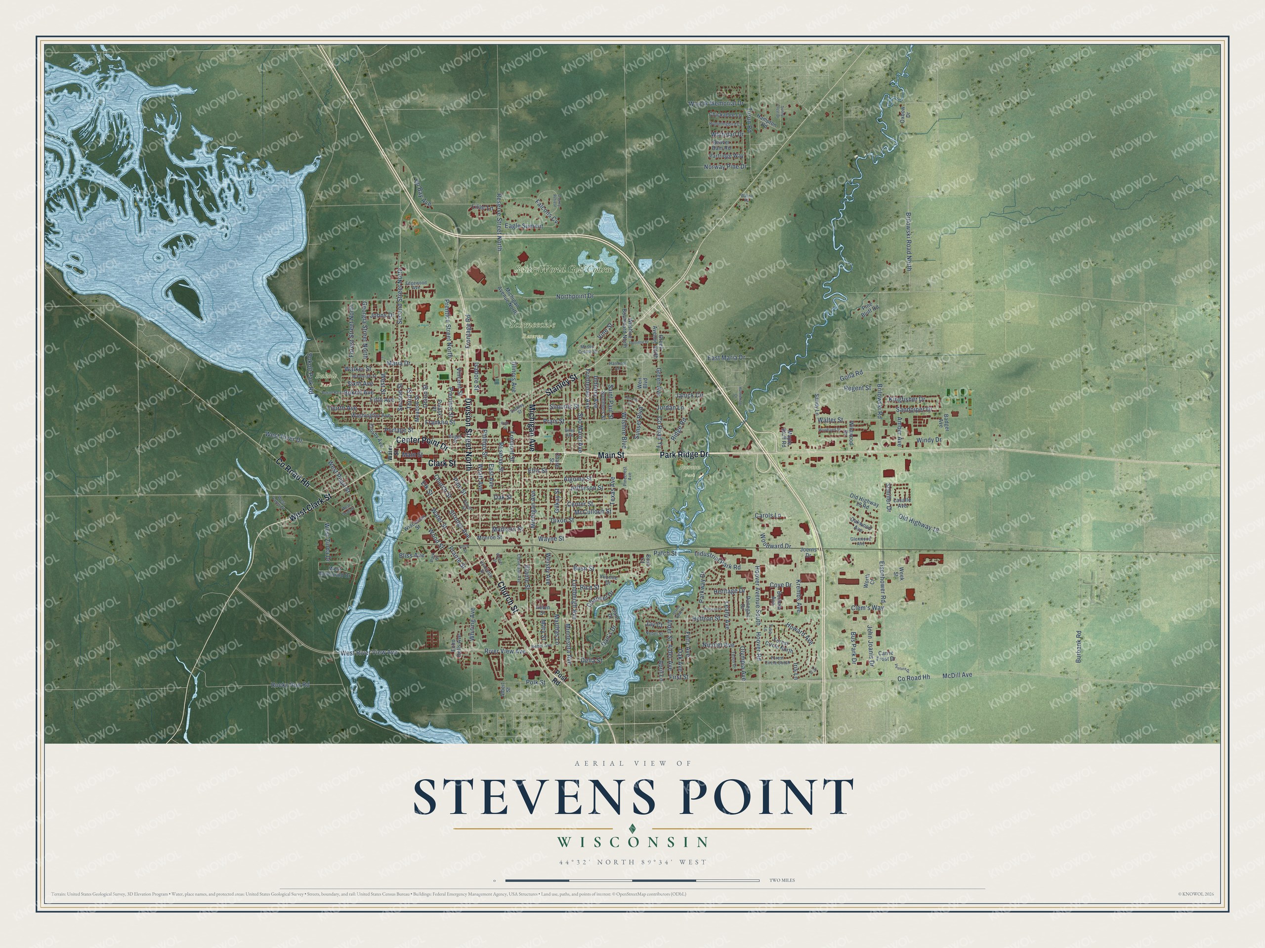 Full map of Stevens Point, Wisconsin, with red buildings, printed street names and the land around them