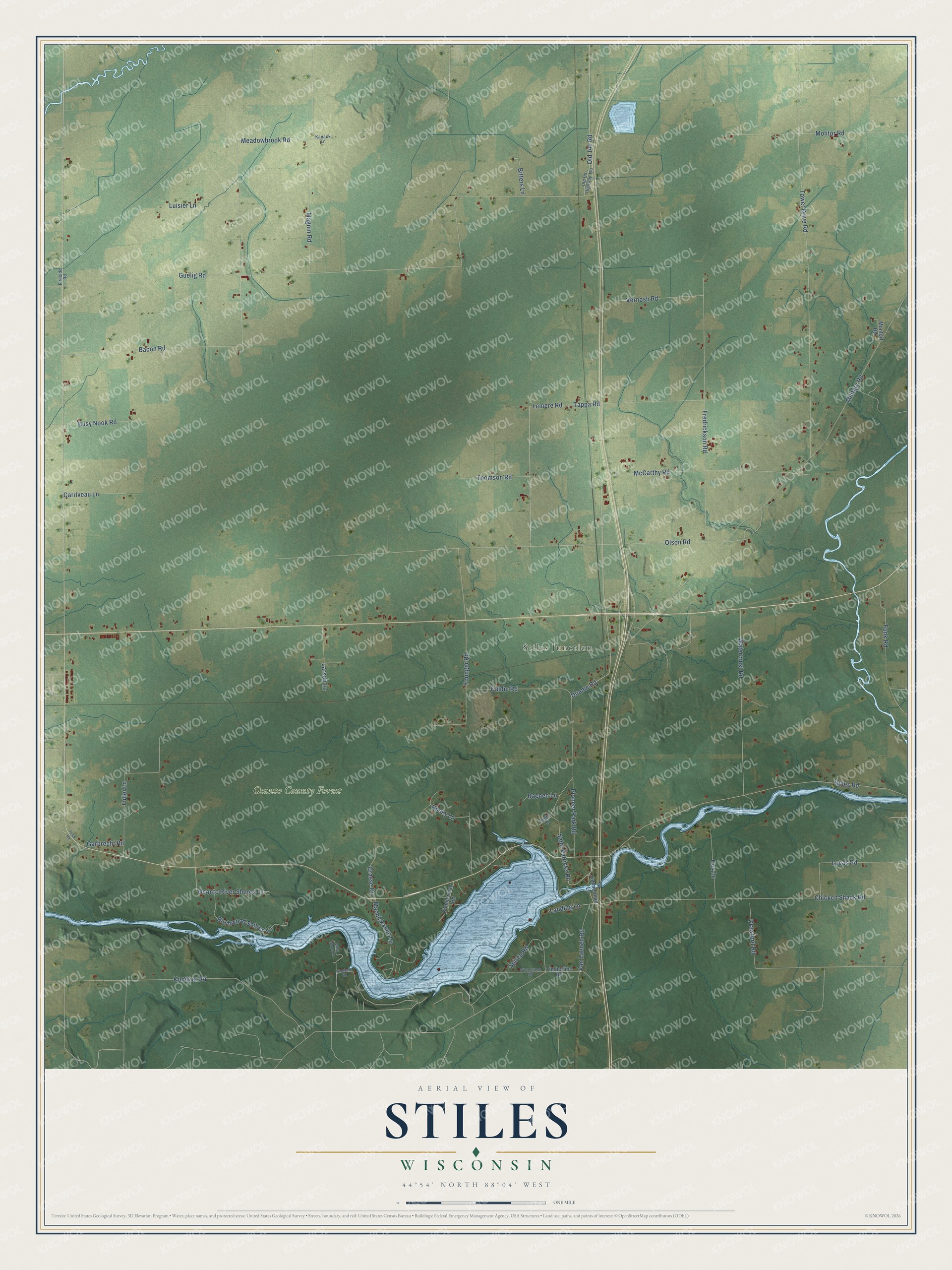 Full map of Stiles, Wisconsin, with red buildings, printed street names and the land around them