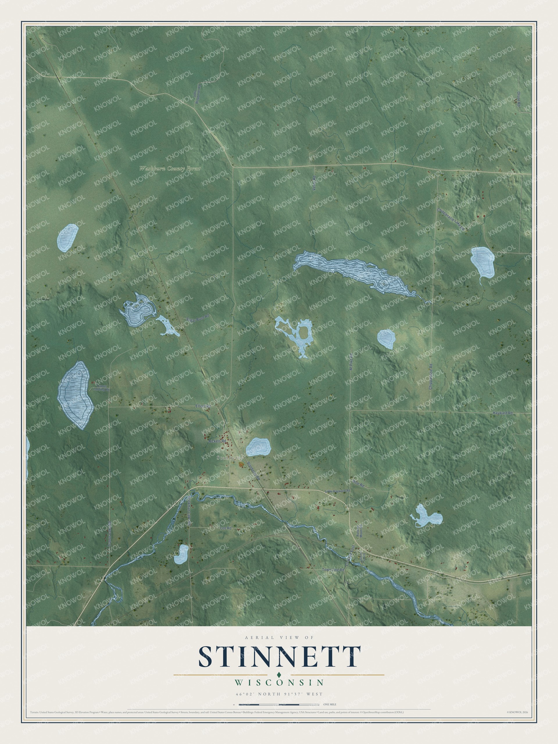 Full map of Stinnett, Wisconsin, with red buildings, printed street names and the land around them