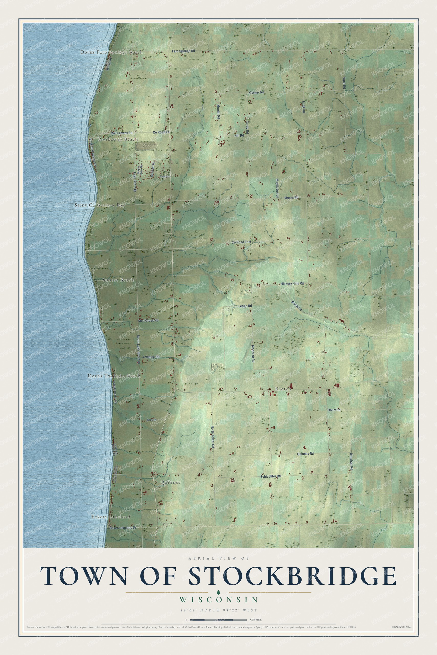 Full map of Stockbridge, Wisconsin, with red buildings, printed street names and the land around them