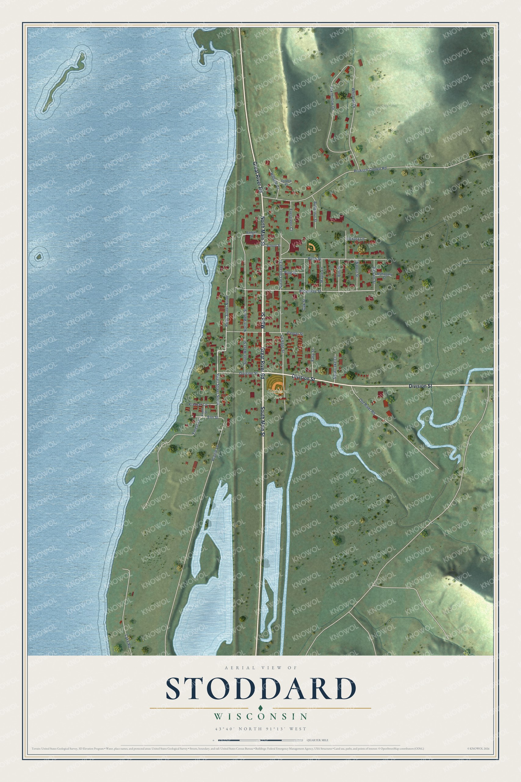 Full map of Stoddard, Wisconsin, with red buildings, printed street names and the land around them