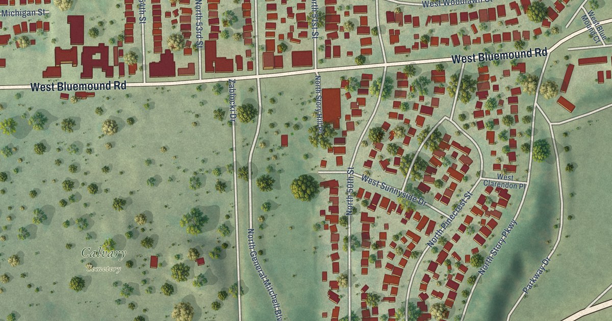 Close-up of streets and buildings in Story Hill, Wisconsin