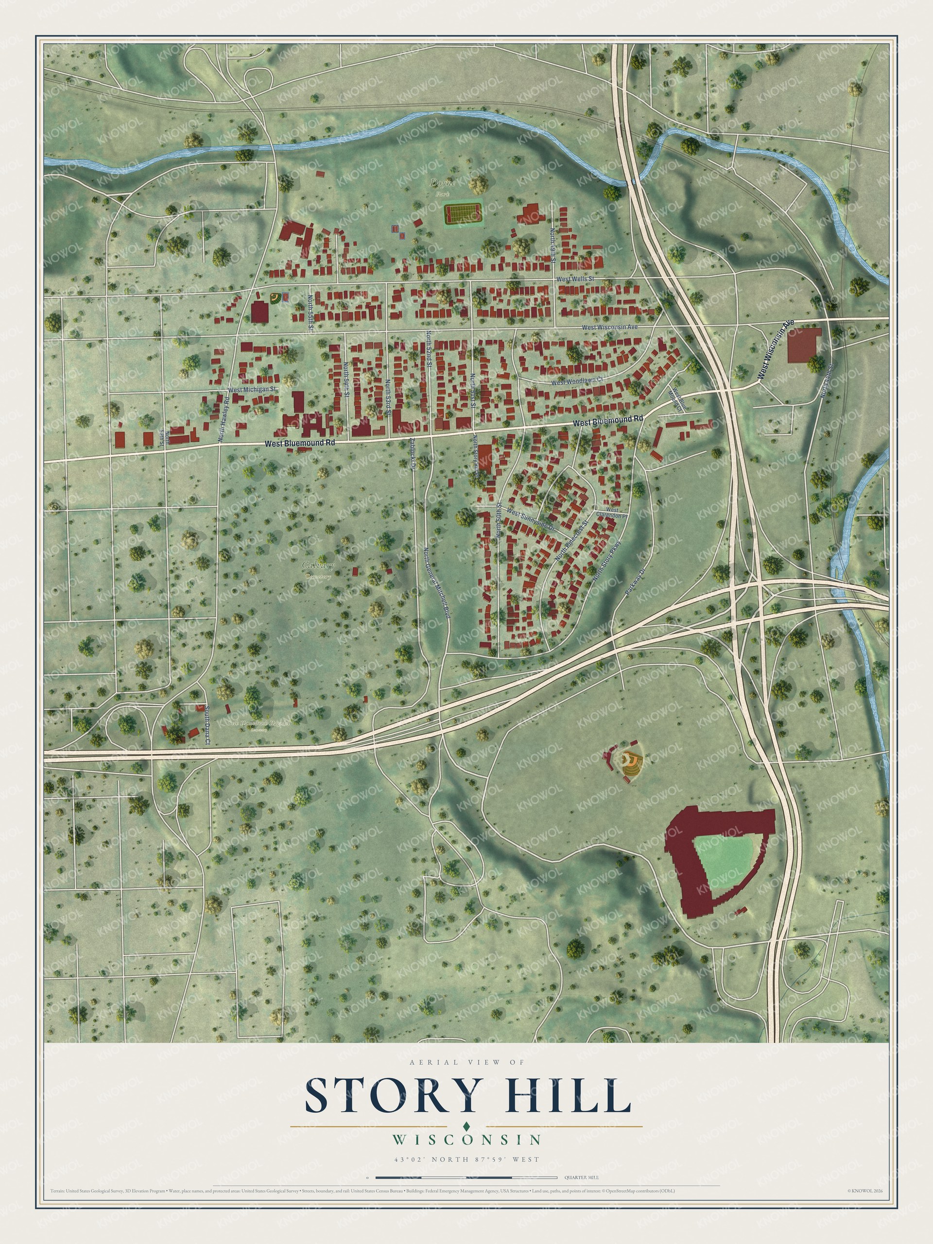 Full map of Story Hill, Wisconsin, with red buildings, printed street names and the land around them