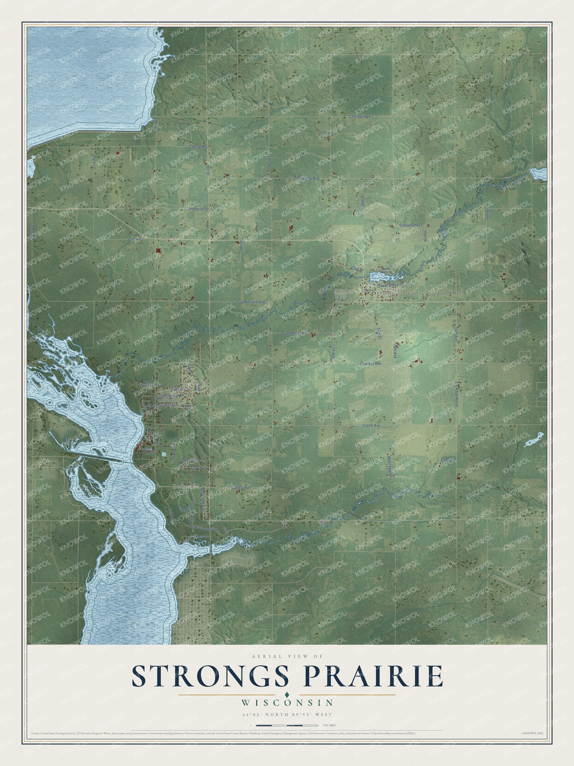 Full map of Strongs Prairie, Wisconsin, with red buildings, printed street names and the land around them