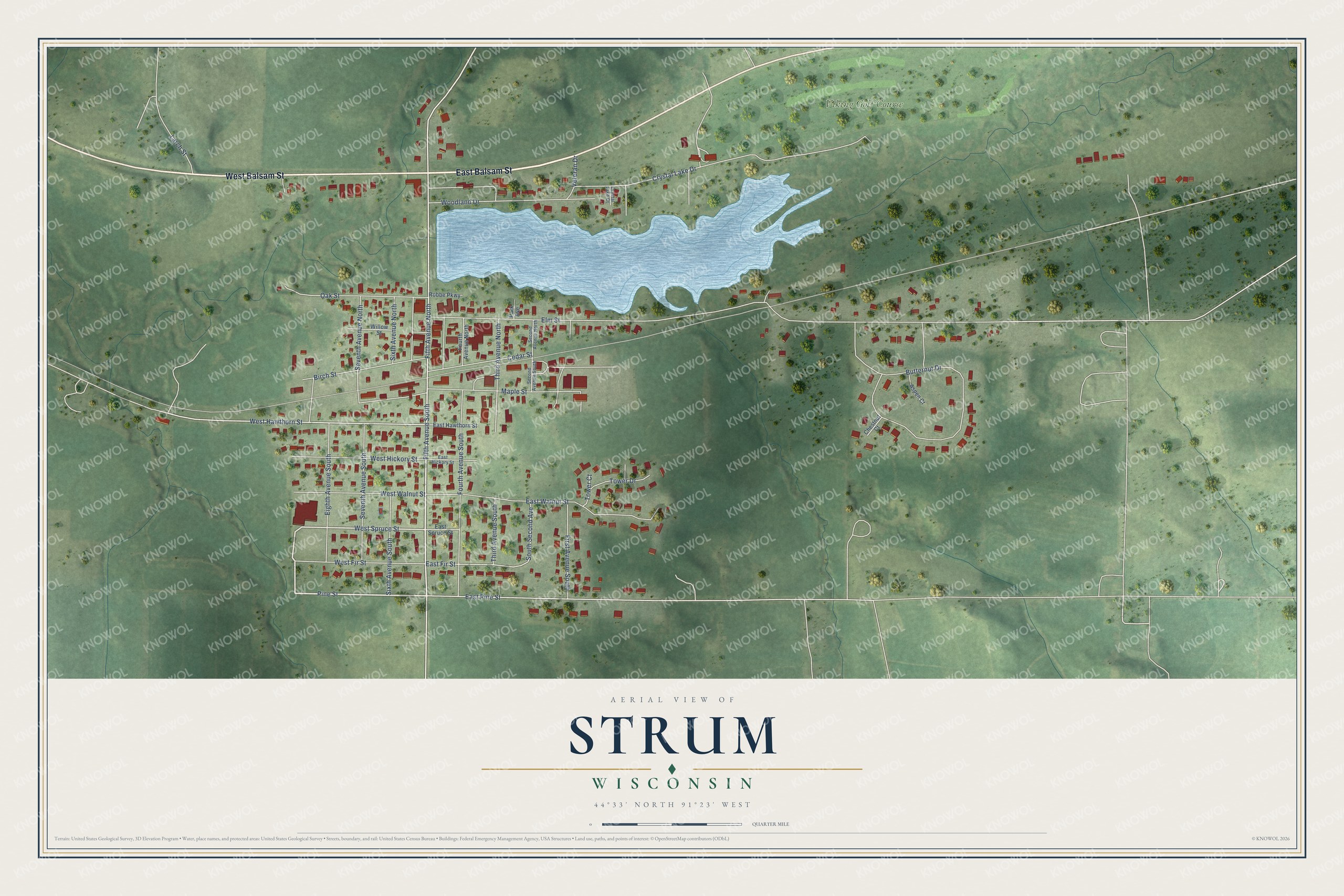 Full map of Strum, Wisconsin, with red buildings, printed street names and the land around them
