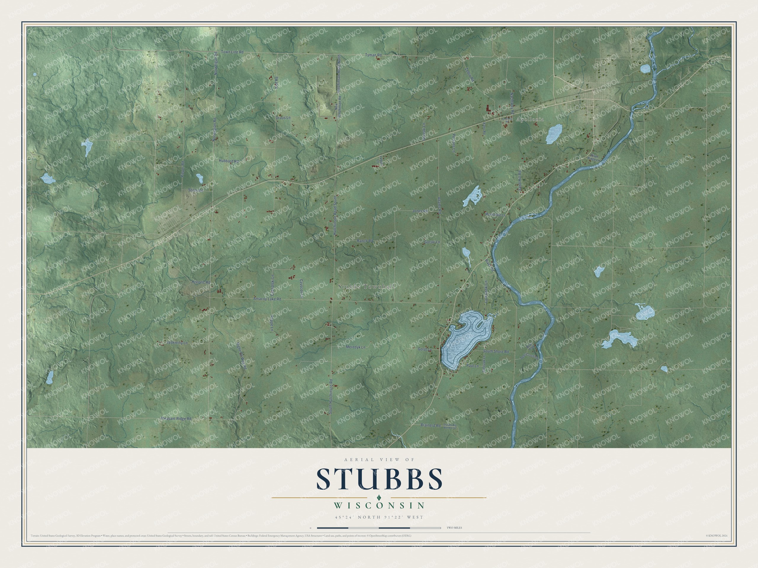 Full map of Stubbs, Wisconsin, with red buildings, printed street names and the land around them