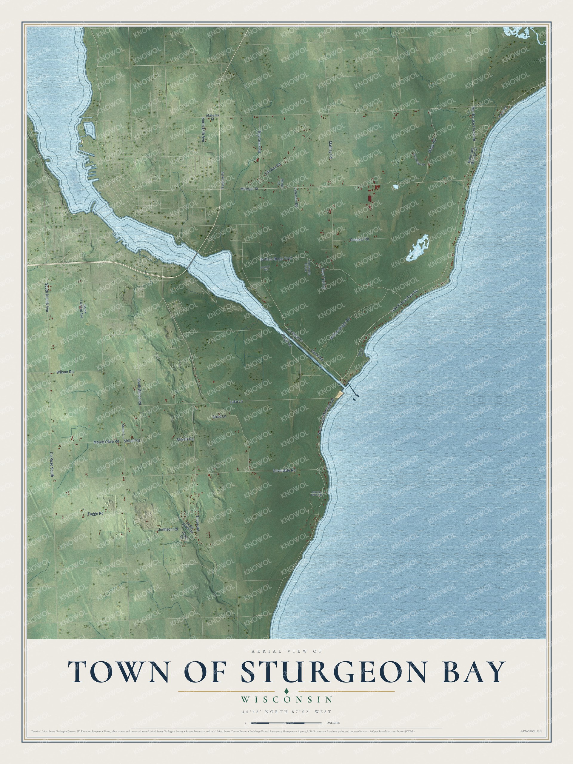 Full map of Sturgeon Bay, Wisconsin, with red buildings, printed street names and the land around them