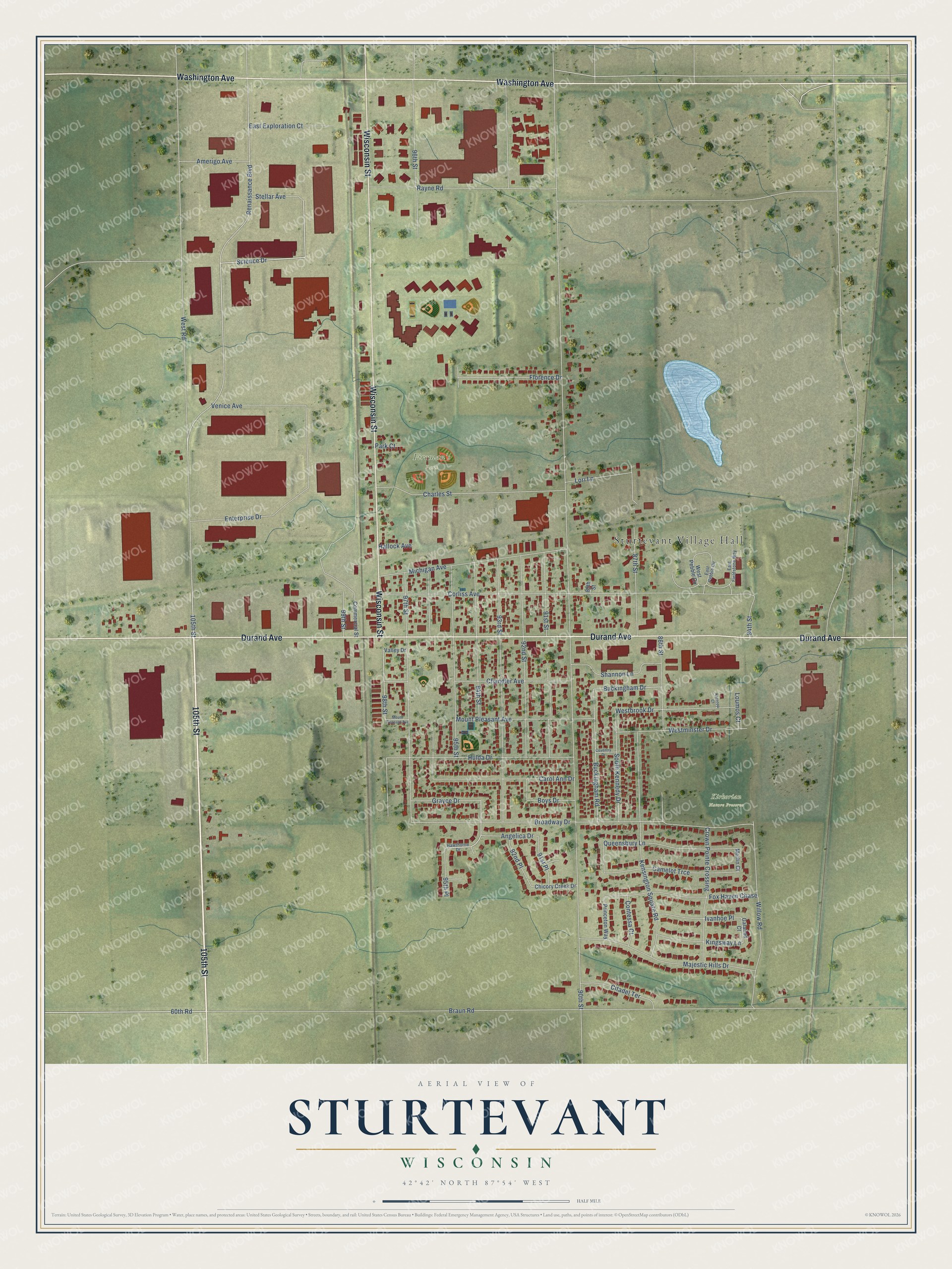 Full map of Sturtevant, Wisconsin, with red buildings, printed street names and the land around them