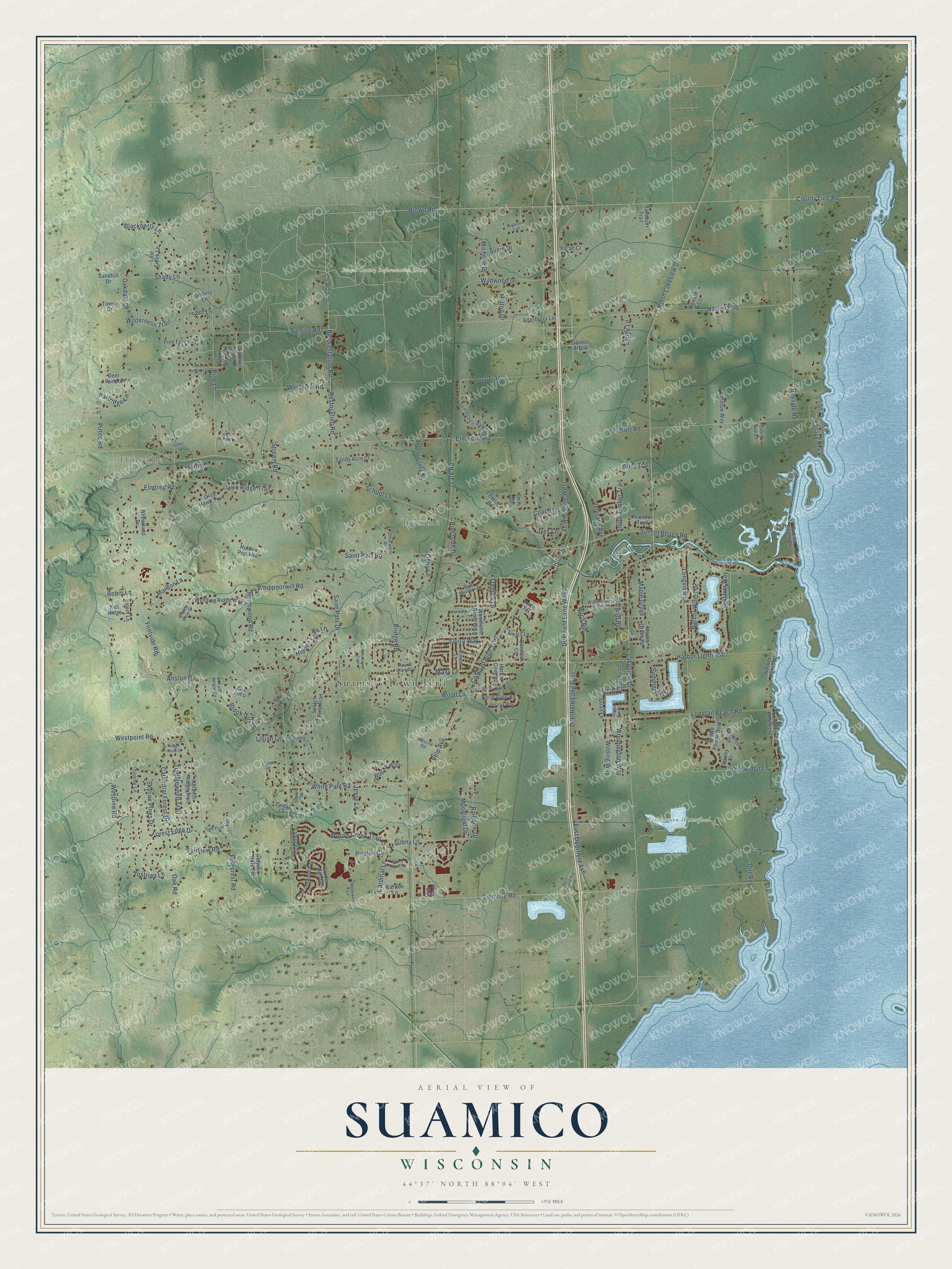 Full map of Suamico, Wisconsin, with red buildings, printed street names and the land around them