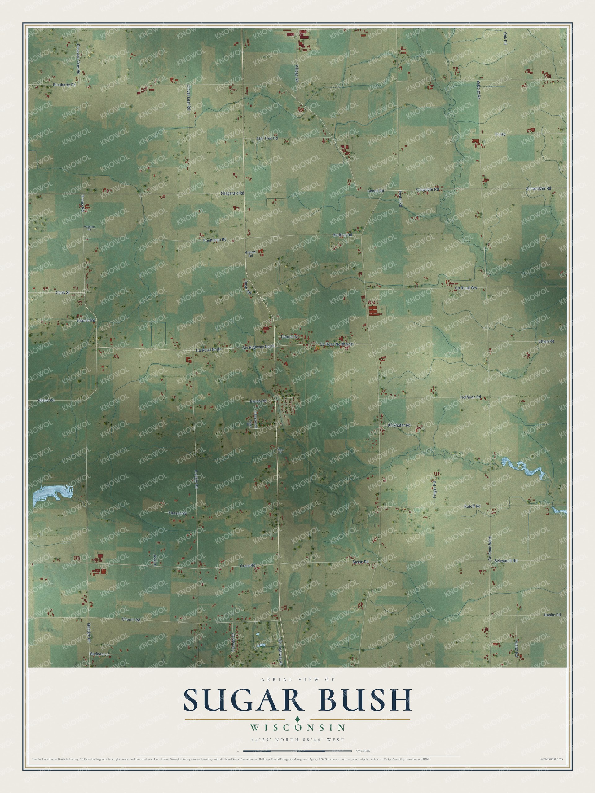 Full map of Sugar Bush, Wisconsin, with red buildings, printed street names and the land around them
