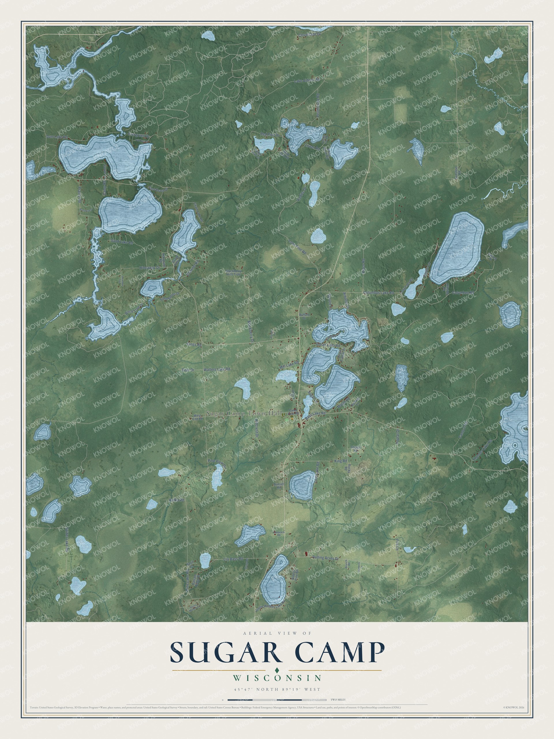 Full map of Sugar Camp, Wisconsin, with red buildings, printed street names and the land around them
