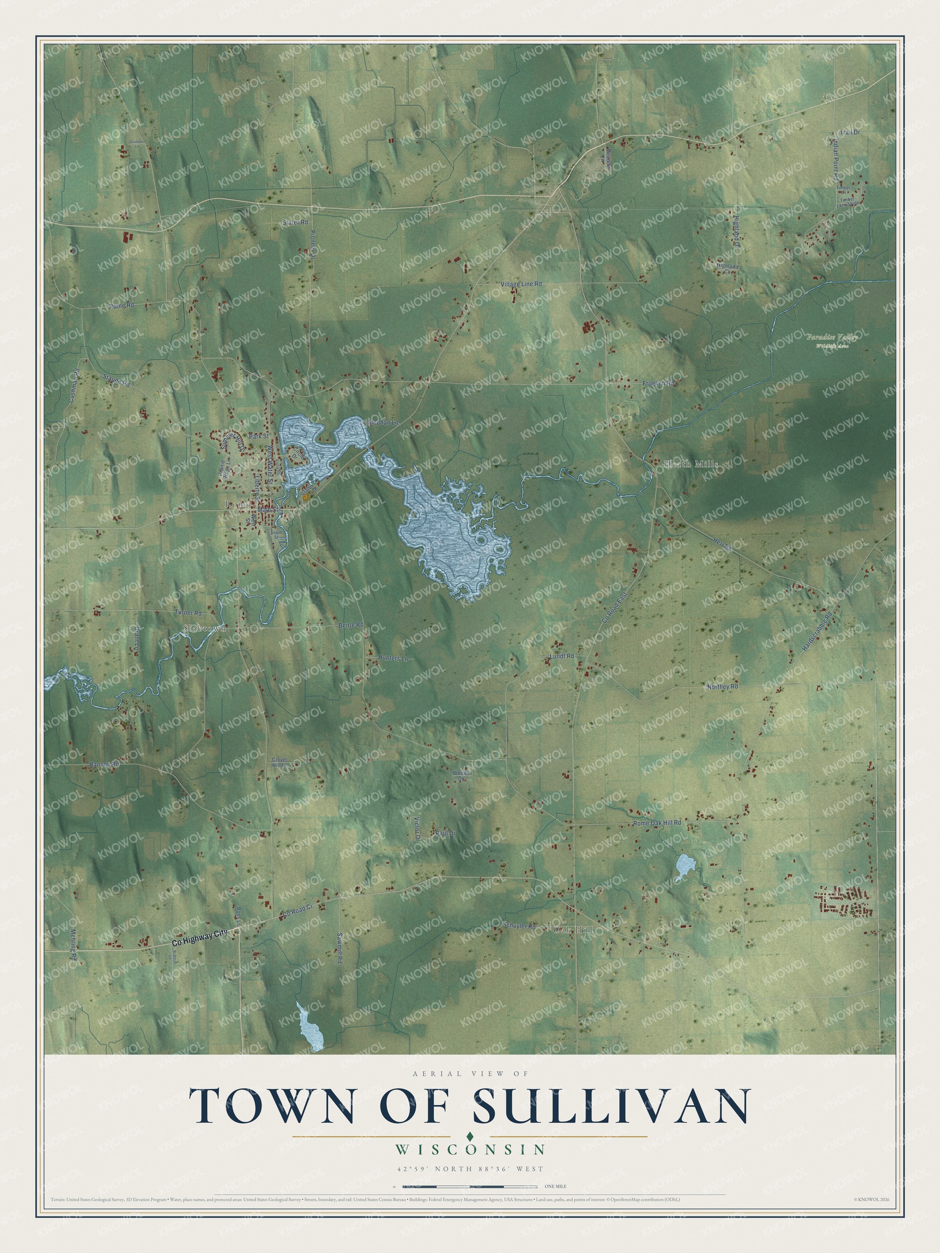 Full map of Sullivan, Wisconsin, with red buildings, printed street names and the land around them