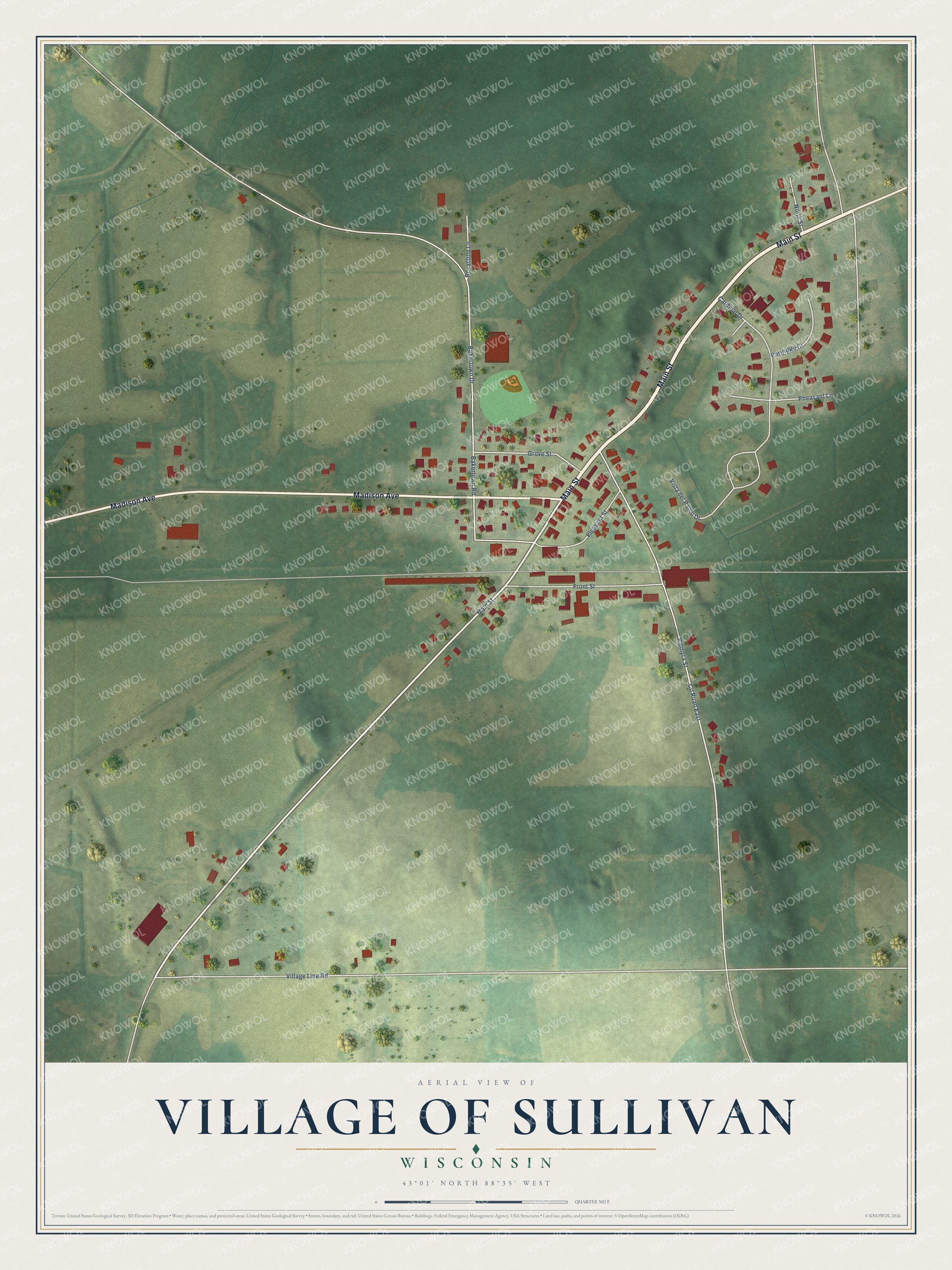 Full map of Sullivan, Wisconsin, with red buildings, printed street names and the land around them