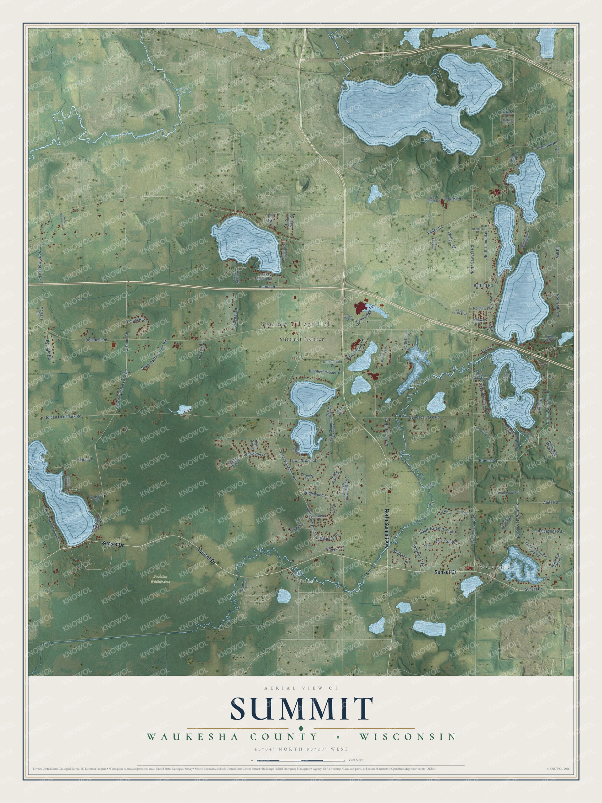 Full map of Summit, Wisconsin, with red buildings, printed street names and the land around them