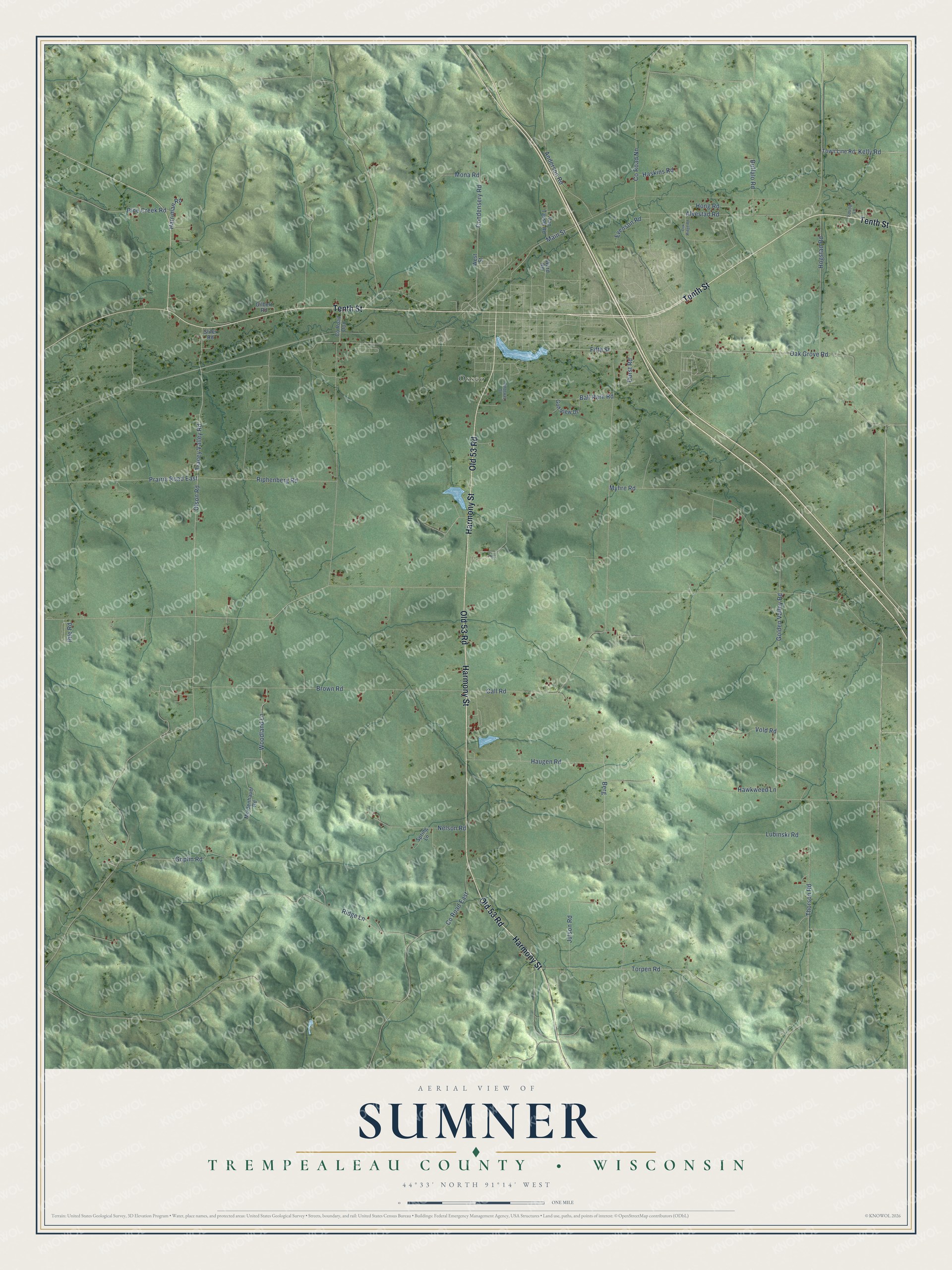 Full map of Sumner, Wisconsin, with red buildings, printed street names and the land around them