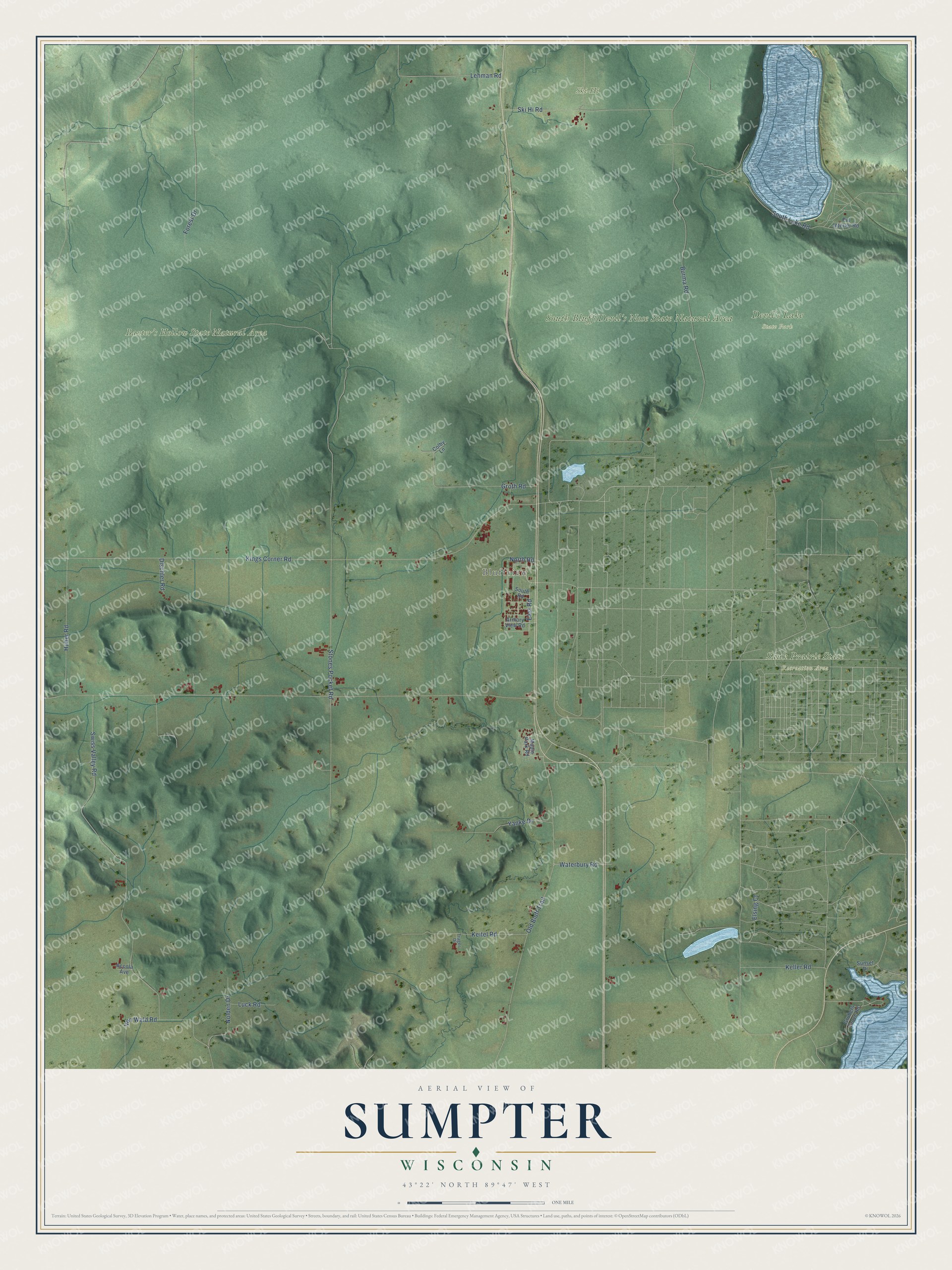 Full map of Sumpter, Wisconsin, with red buildings, printed street names and the land around them
