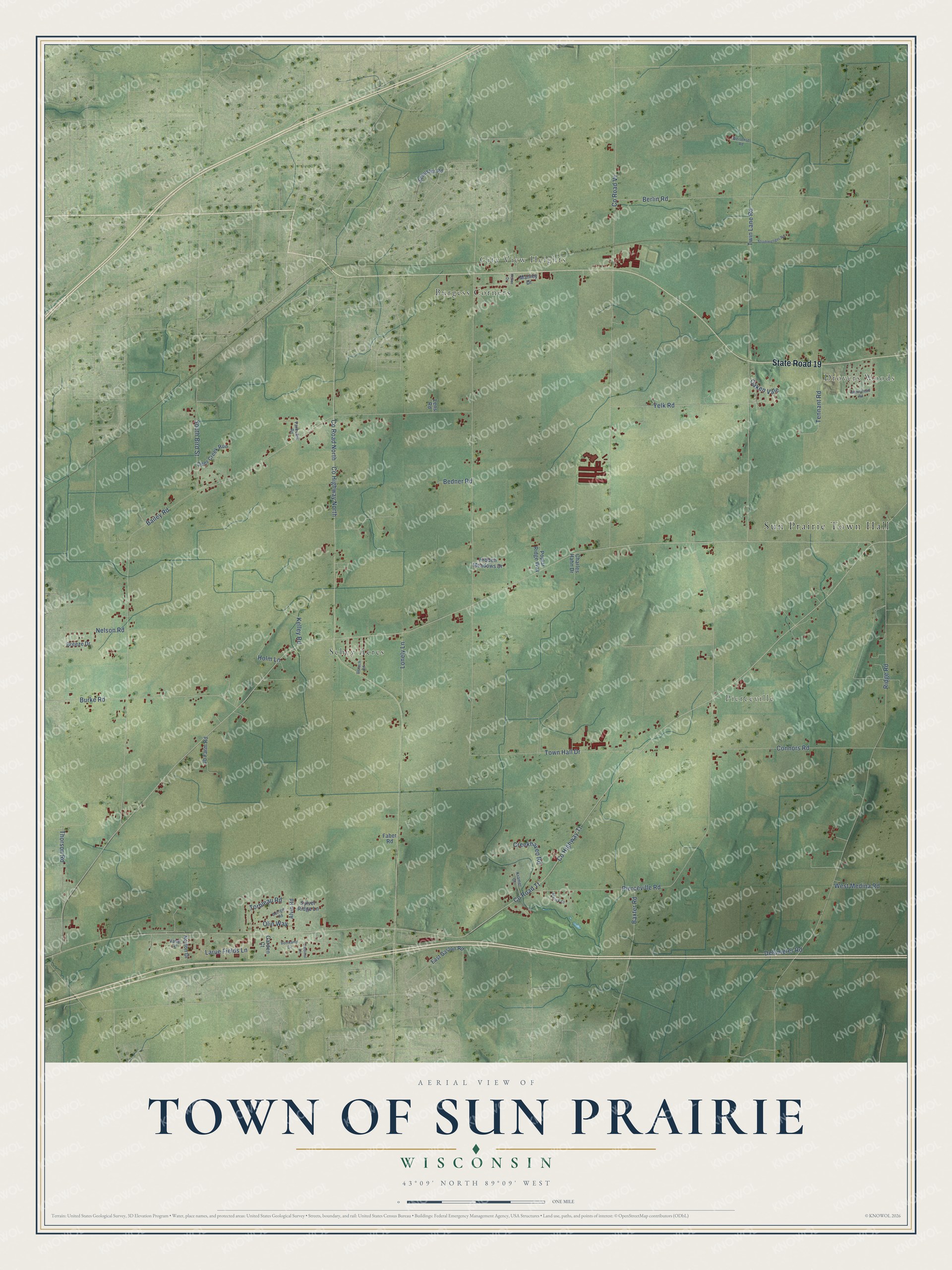 Full map of Sun Prairie, Wisconsin, with red buildings, printed street names and the land around them