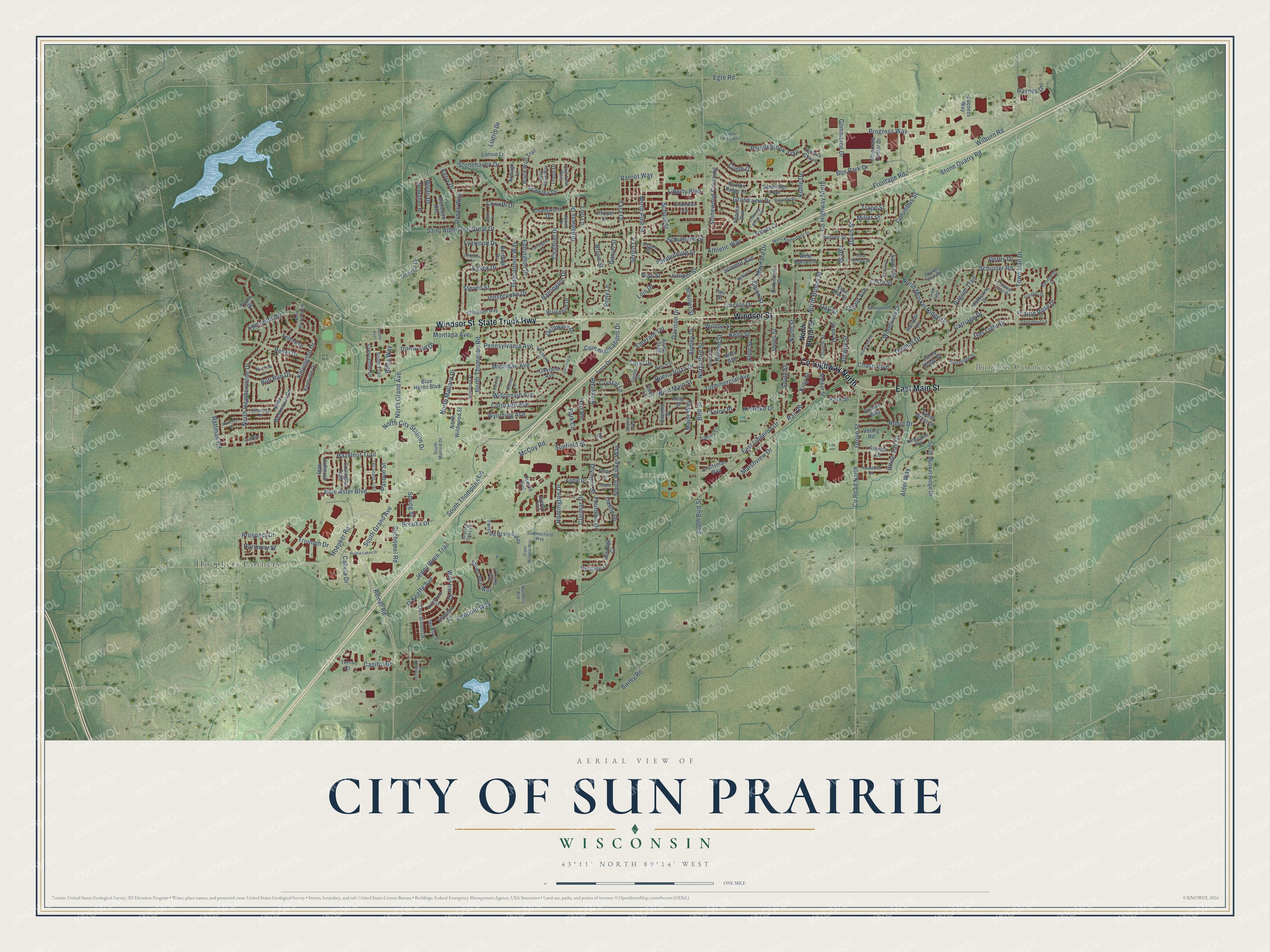 Full map of Sun Prairie, Wisconsin, with red buildings, printed street names and the land around them