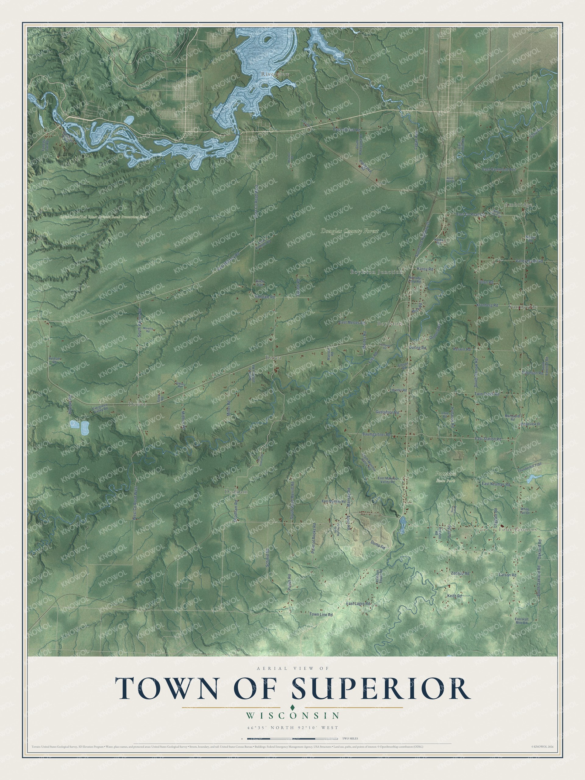 Full map of Superior, Wisconsin, with red buildings, printed street names and the land around them