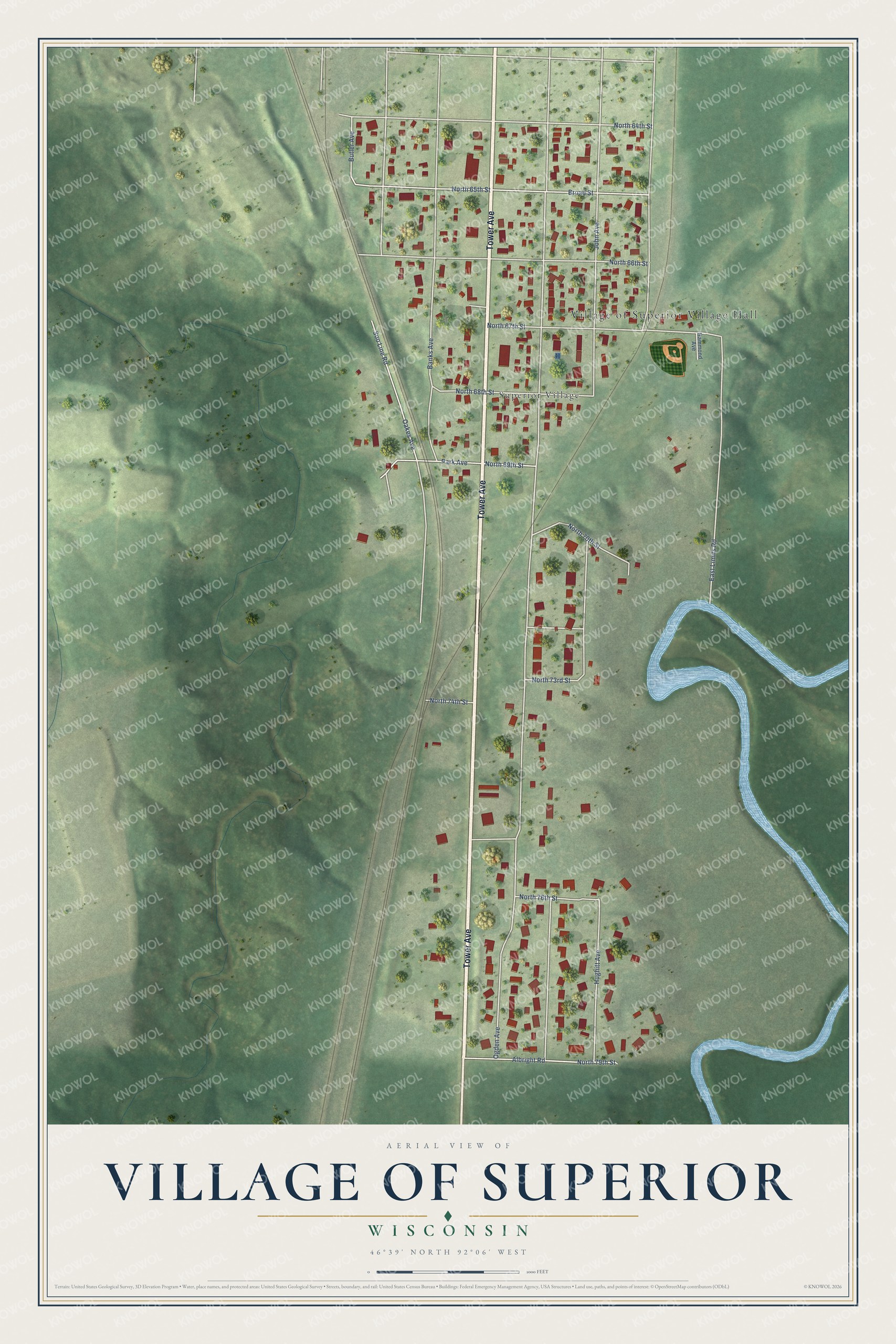 Full map of Superior, Wisconsin, with red buildings, printed street names and the land around them