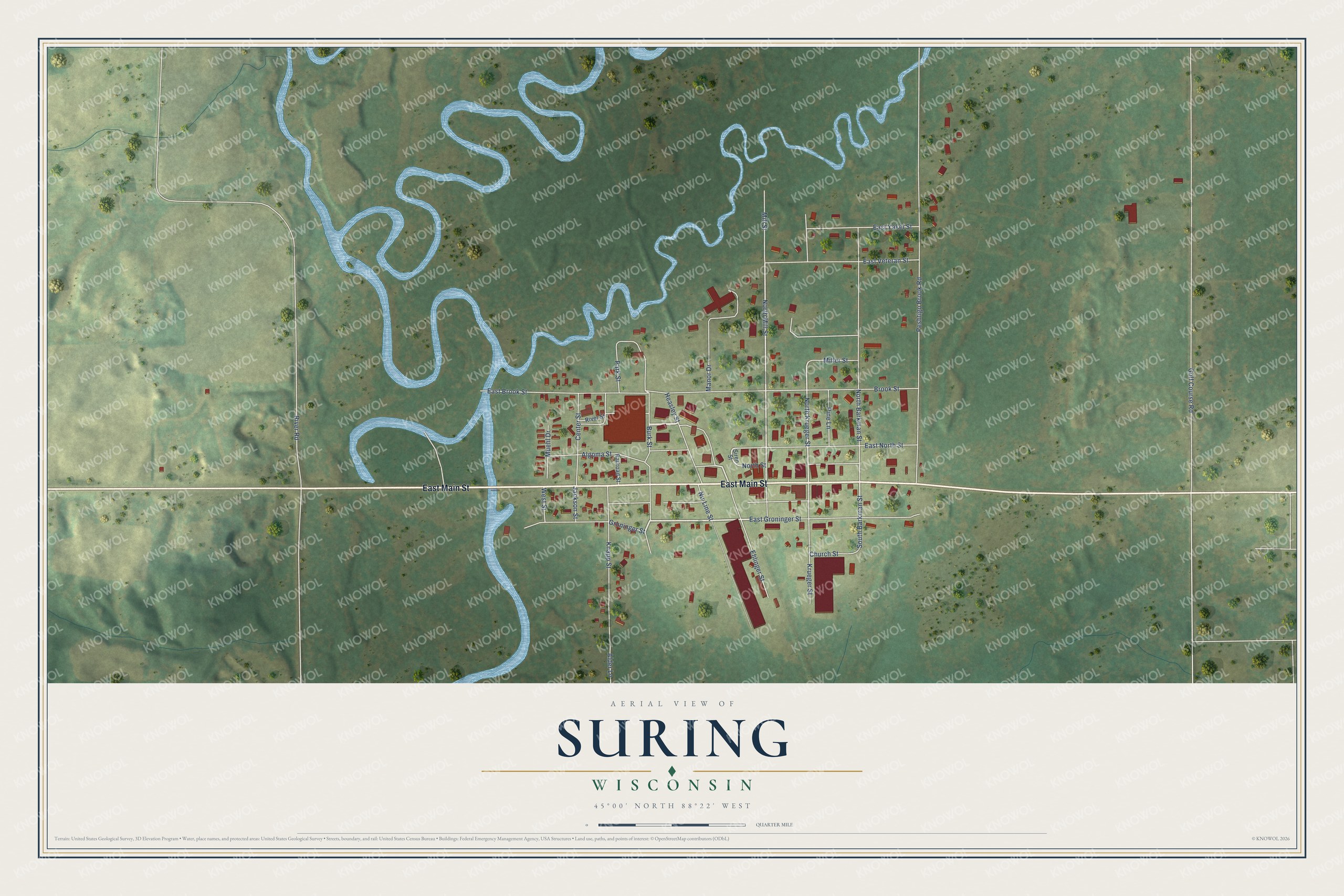 Full map of Suring, Wisconsin, with red buildings, printed street names and the land around them