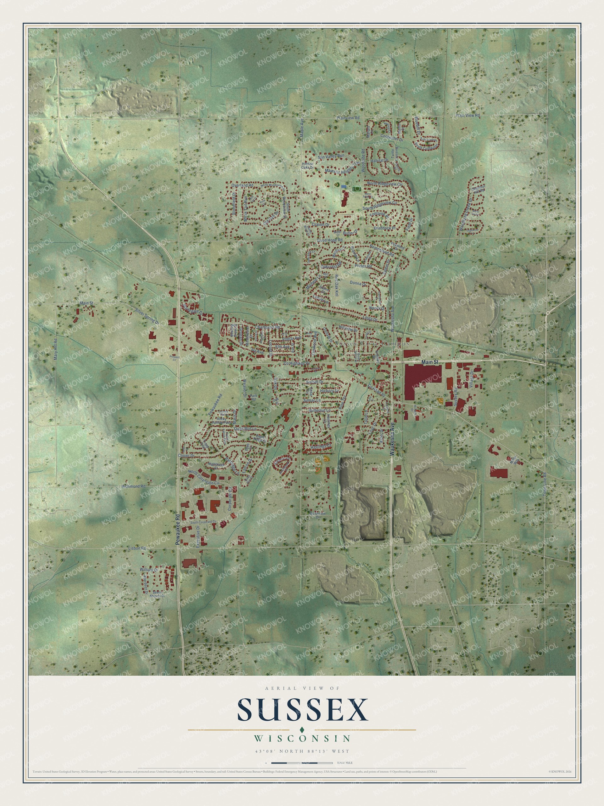 Full map of Sussex, Wisconsin, with red buildings, printed street names and the land around them
