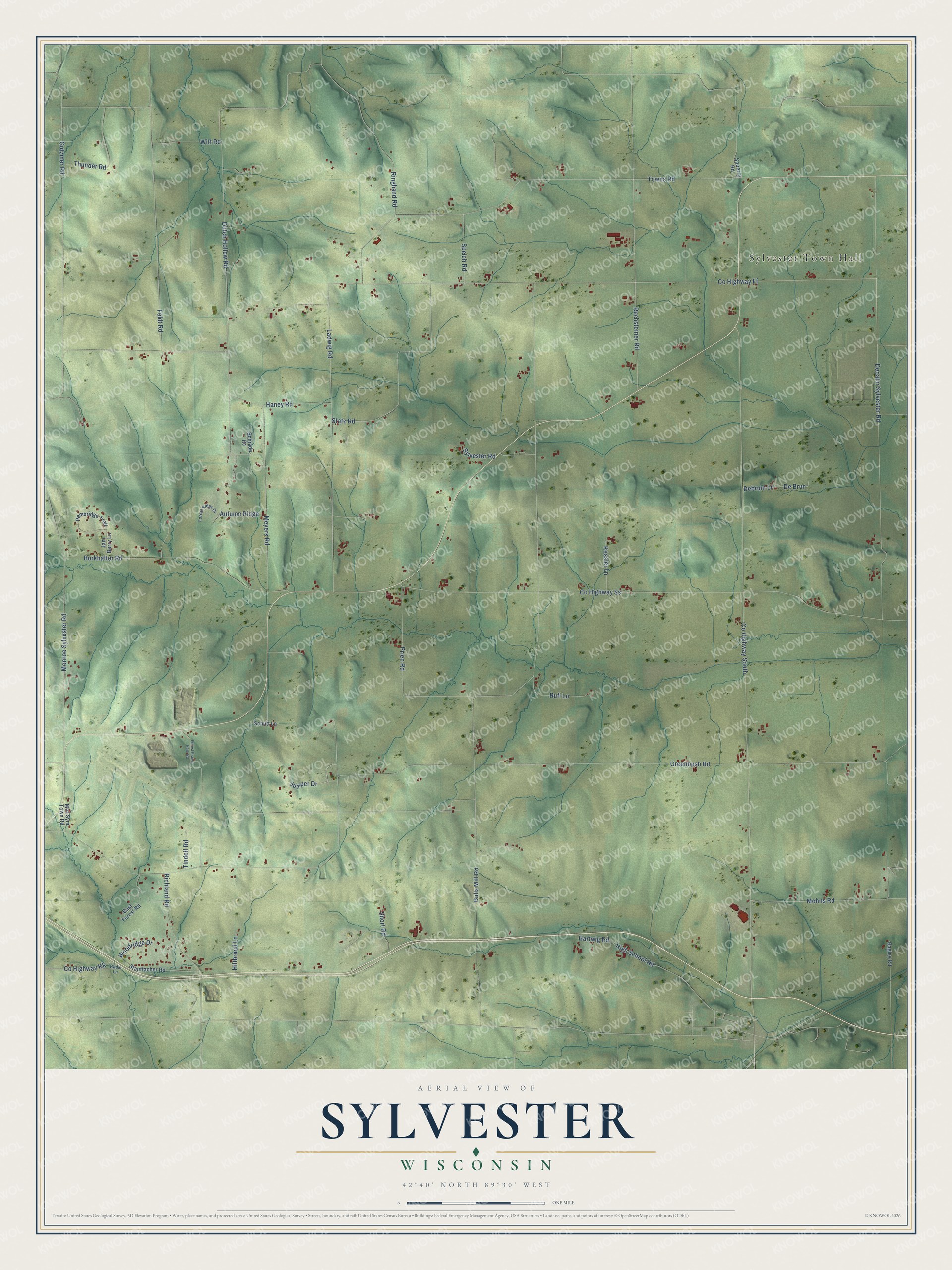 Full map of Sylvester, Wisconsin, with red buildings, printed street names and the land around them