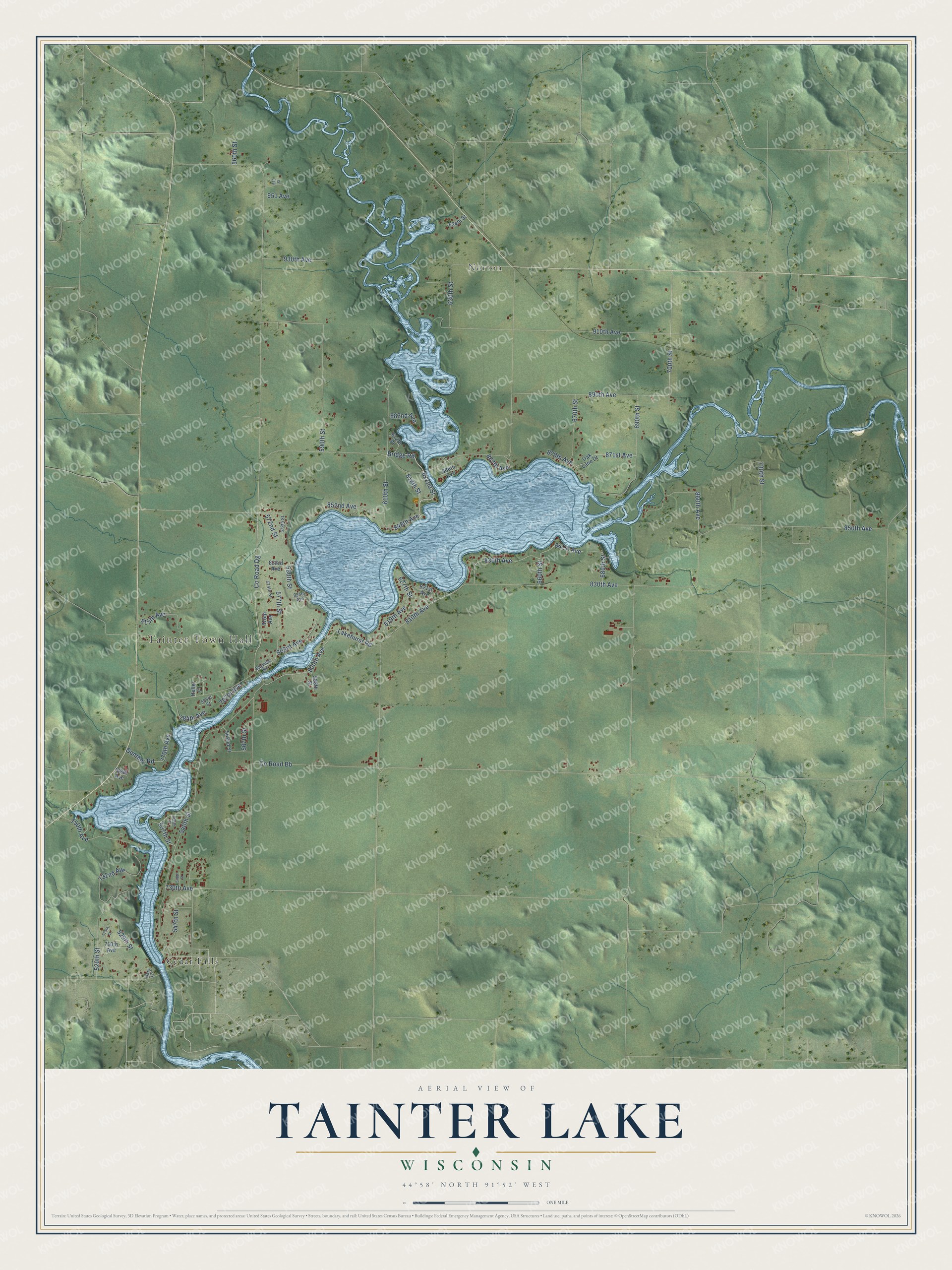 Full map of Tainter Lake, Wisconsin, with red buildings, printed street names and the land around them