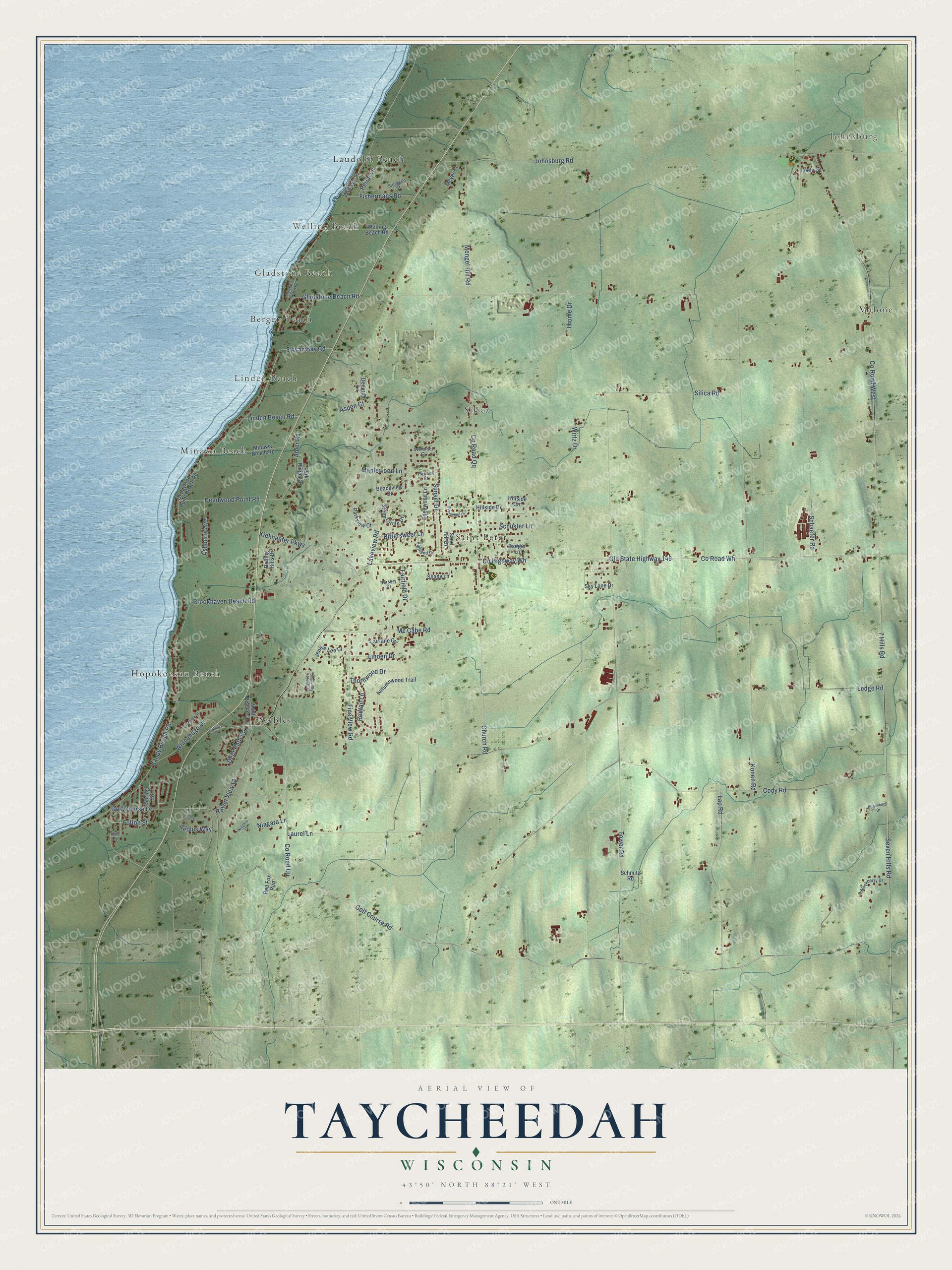 Full map of Taycheedah, Wisconsin, with red buildings, printed street names and the land around them