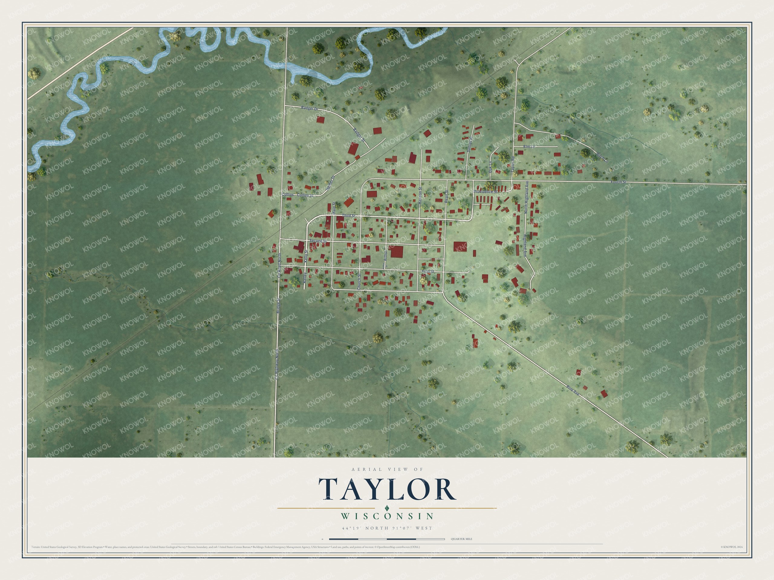 Full map of Taylor, Wisconsin, with red buildings, printed street names and the land around them