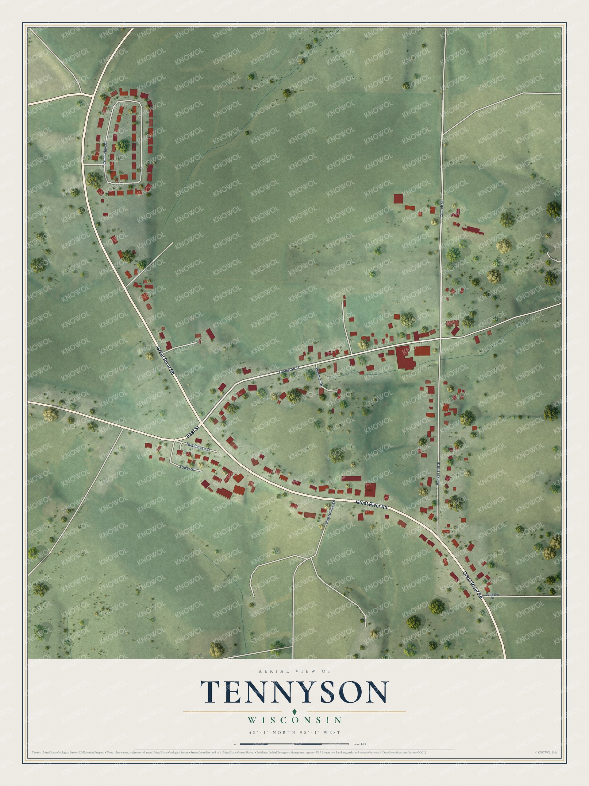 Full map of Tennyson, Wisconsin, with red buildings, printed street names and the land around them