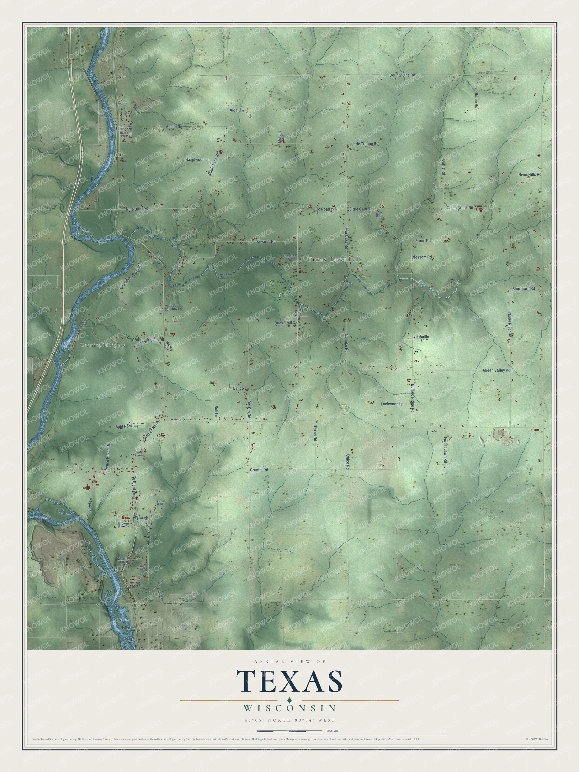 Full map of Texas, Wisconsin, with red buildings, printed street names and the land around them