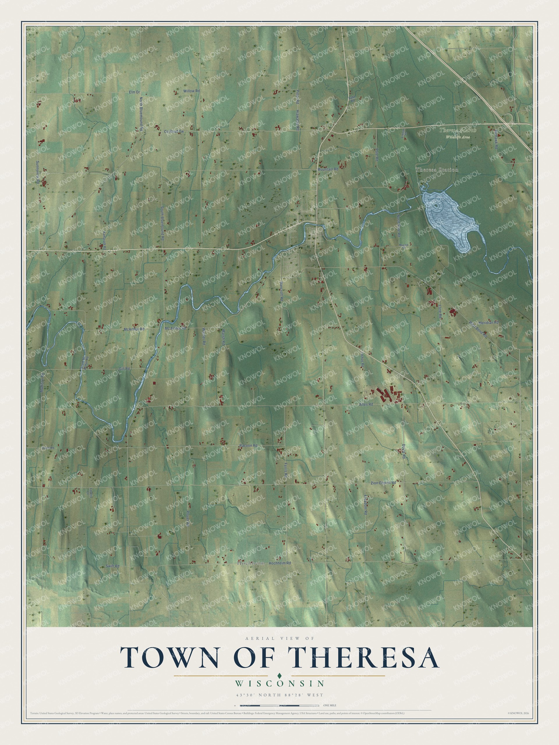 Full map of Theresa, Wisconsin, with red buildings, printed street names and the land around them