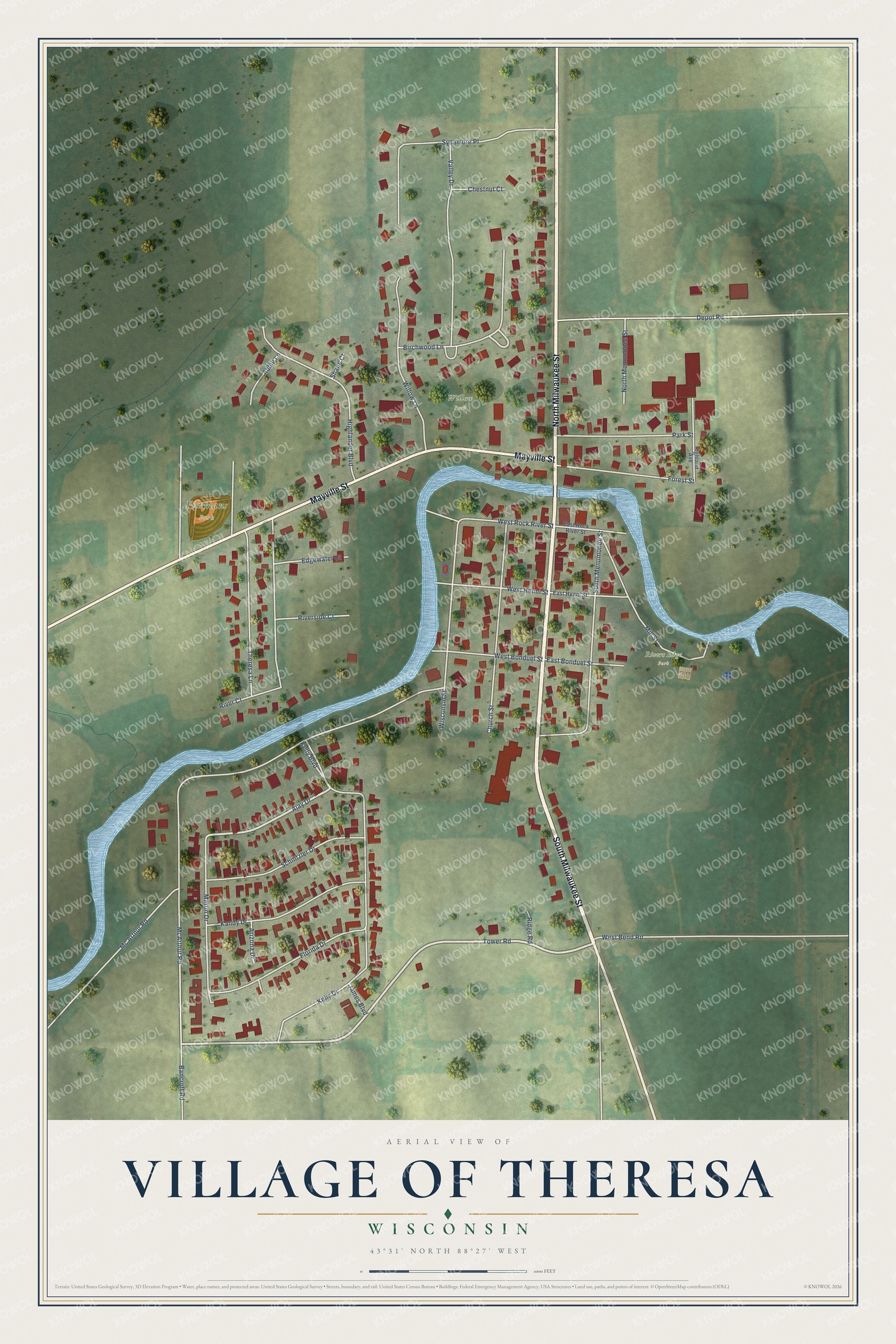 Full map of Theresa, Wisconsin, with red buildings, printed street names and the land around them