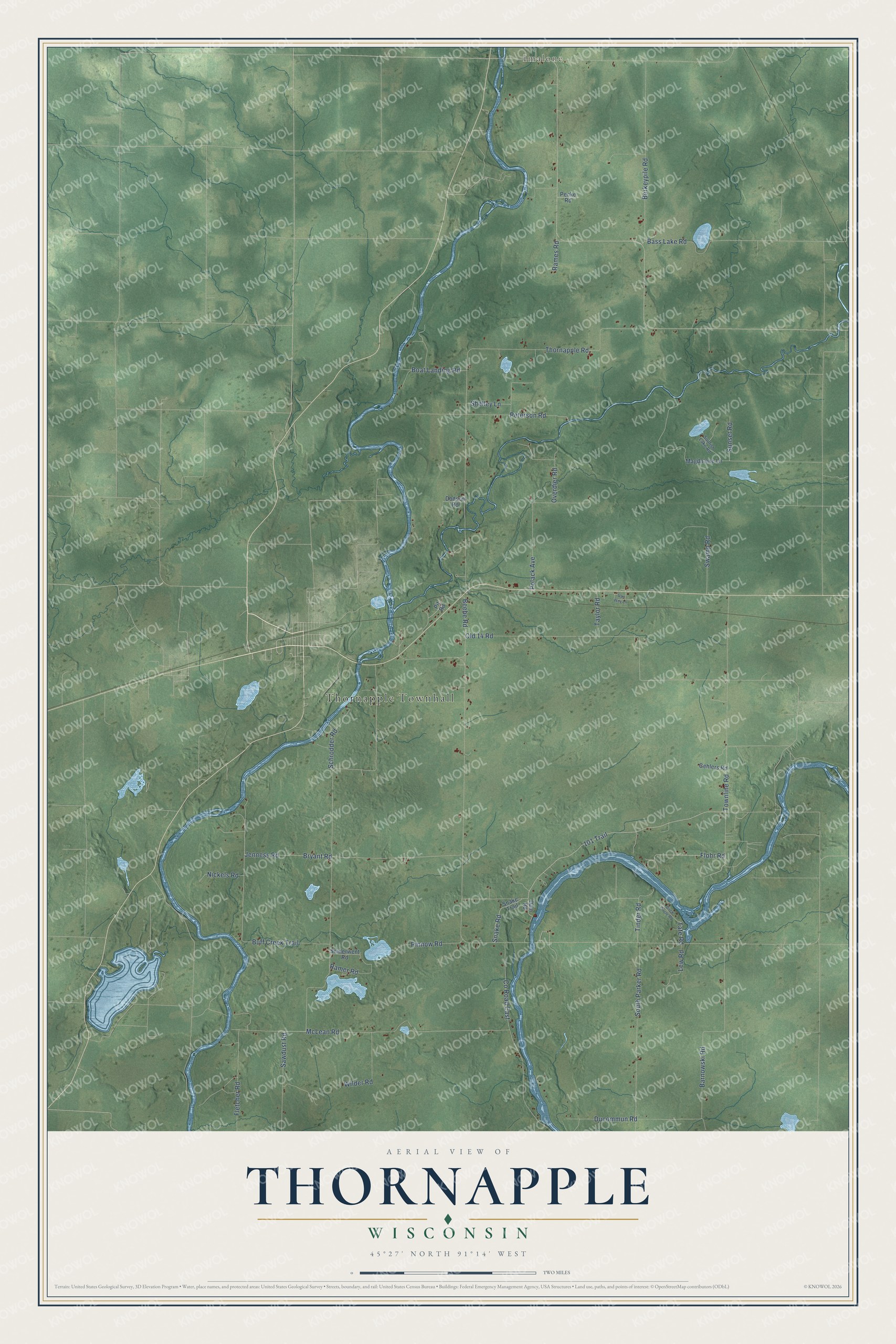 Full map of Thornapple, Wisconsin, with red buildings, printed street names and the land around them