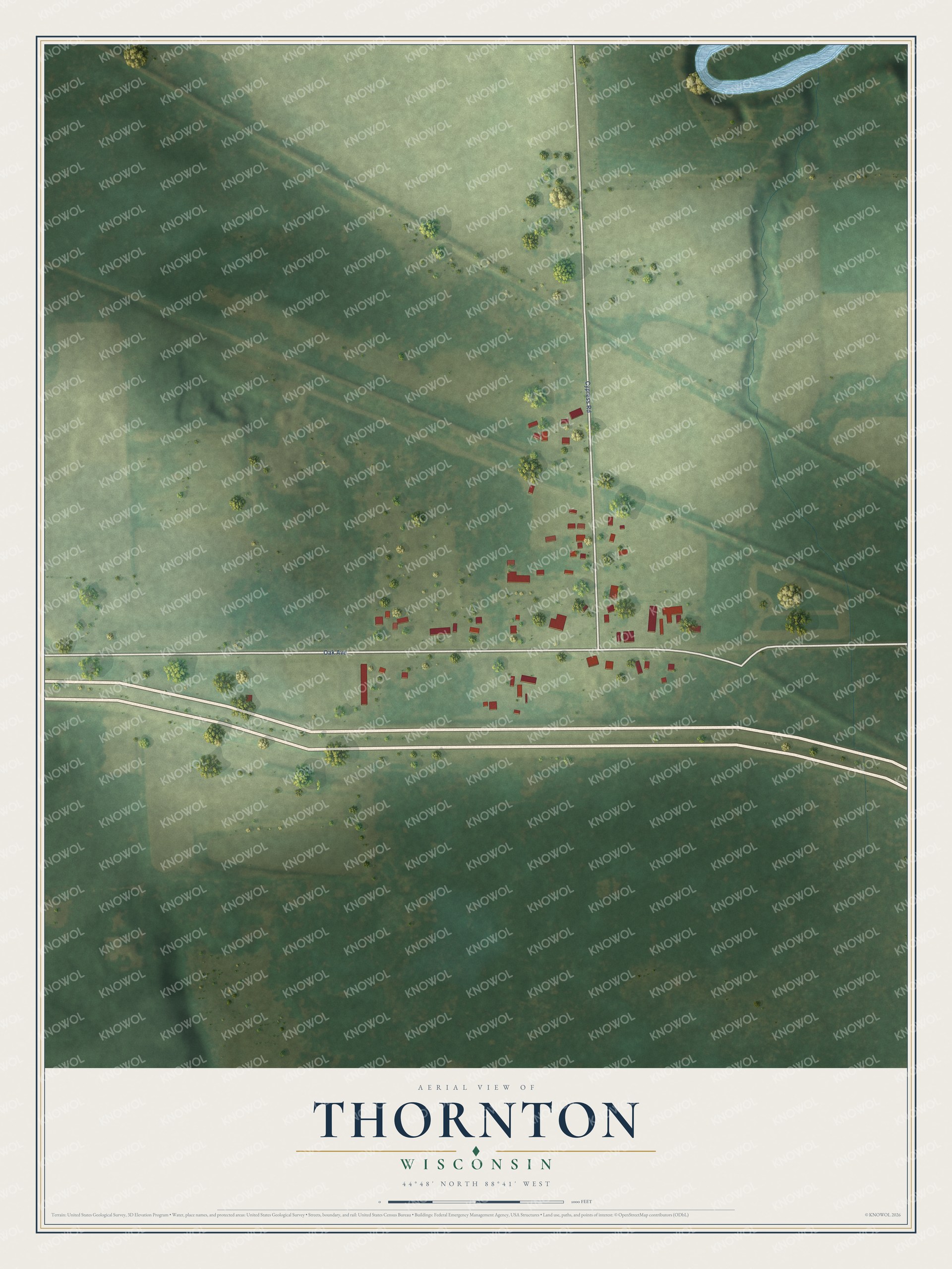 Full map of Thornton, Wisconsin, with red buildings, printed street names and the land around them