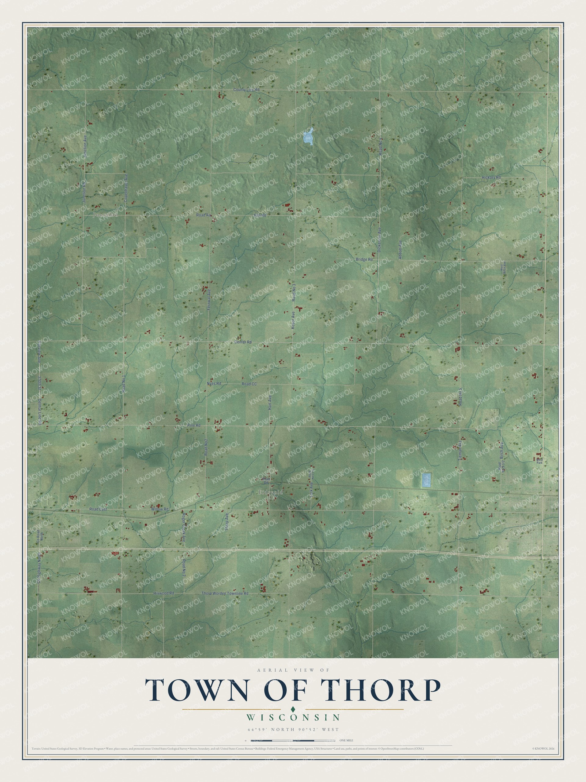 Full map of Thorp, Wisconsin, with red buildings, printed street names and the land around them