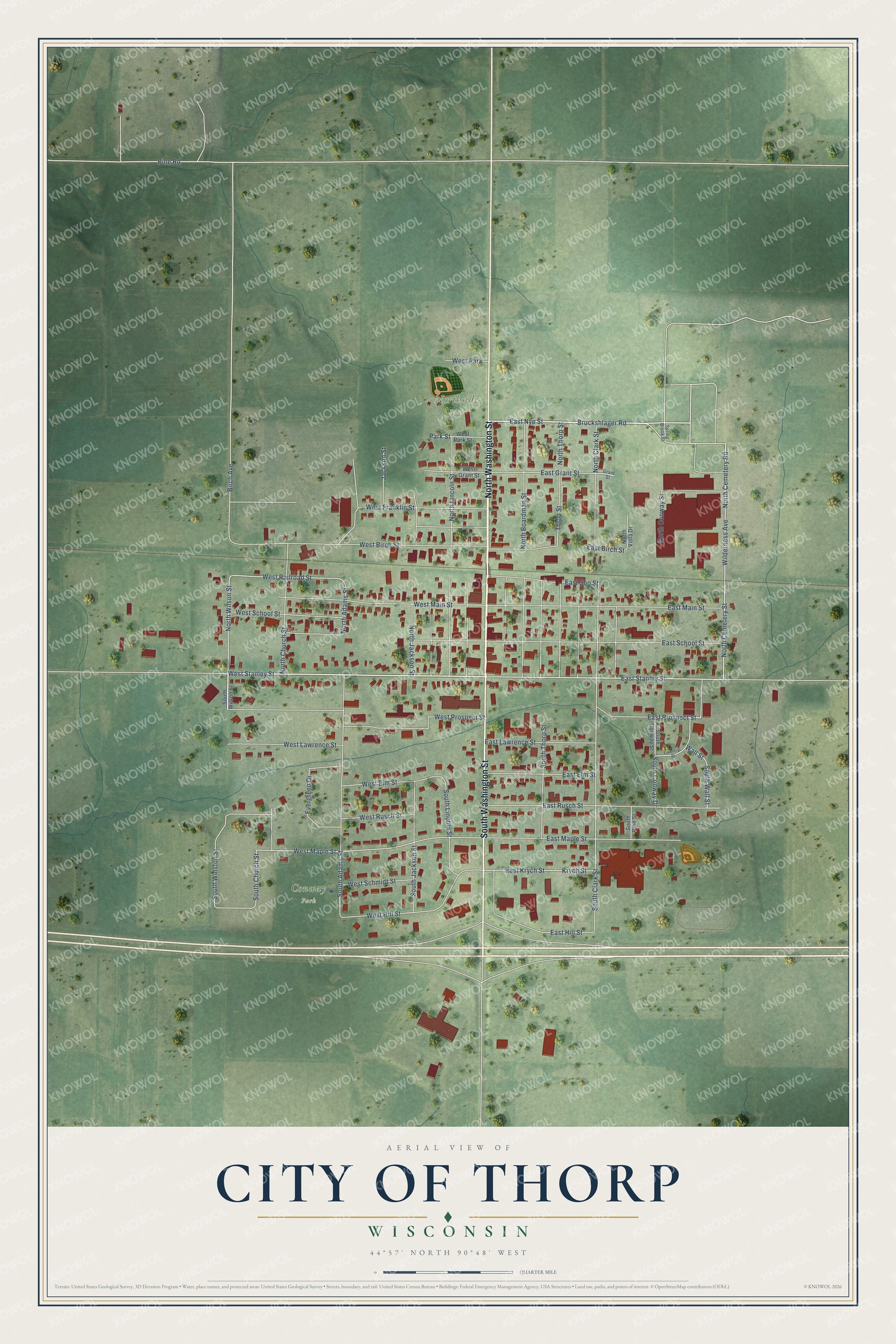 Full map of Thorp, Wisconsin, with red buildings, printed street names and the land around them