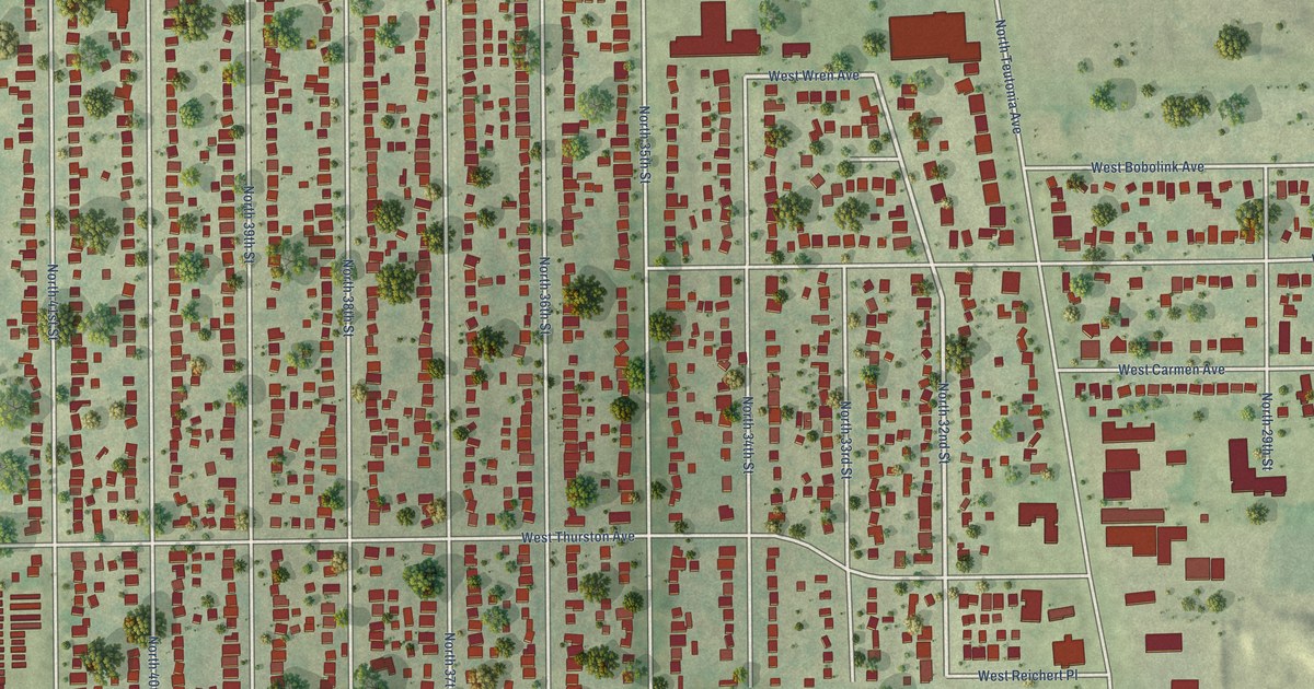 Close-up of streets and buildings in Thurston Woods, Wisconsin