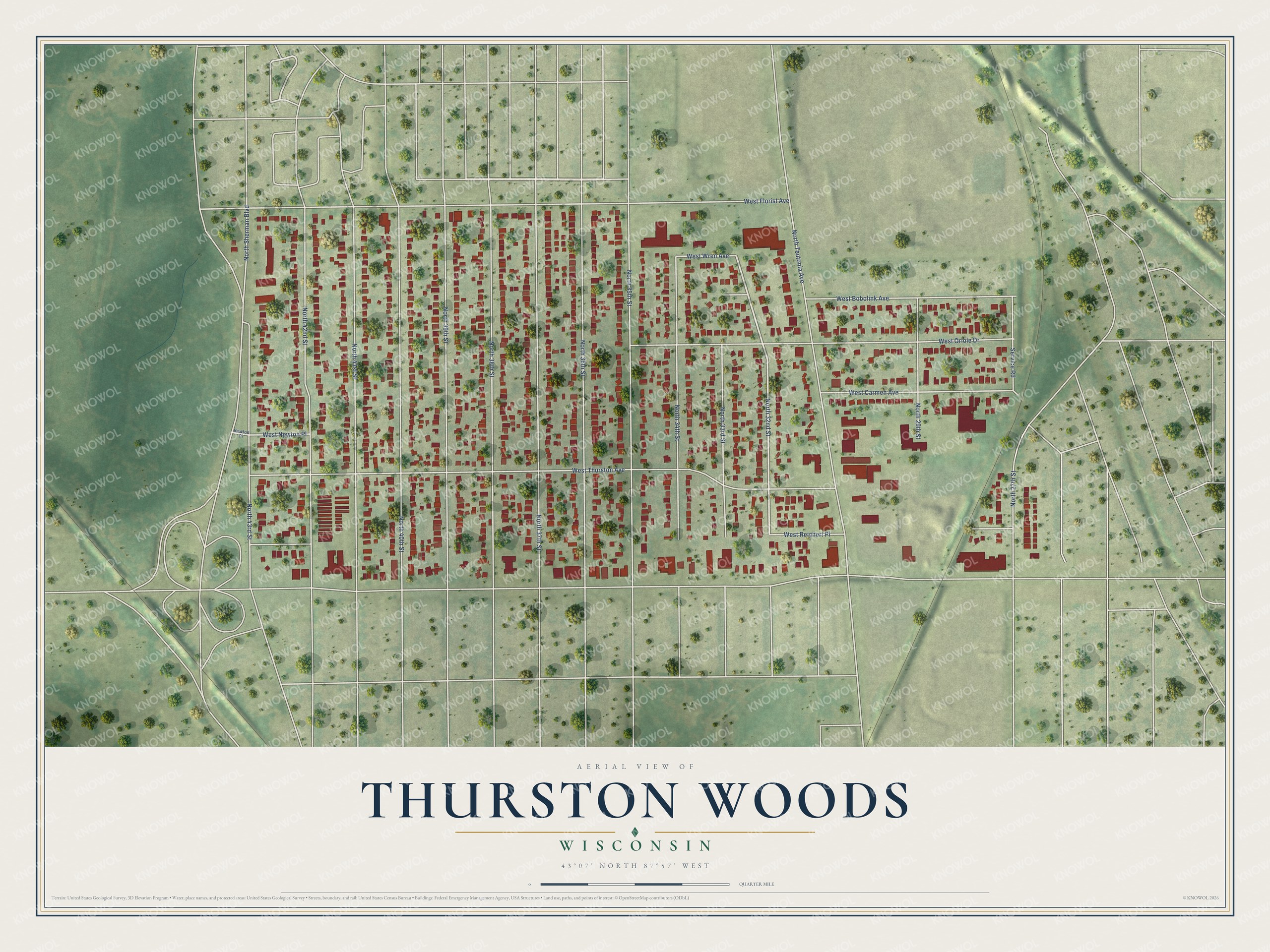 Full map of Thurston Woods, Wisconsin, with red buildings, printed street names and the land around them