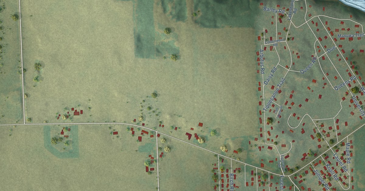 Close-up of streets and buildings in Tibbets, Wisconsin
