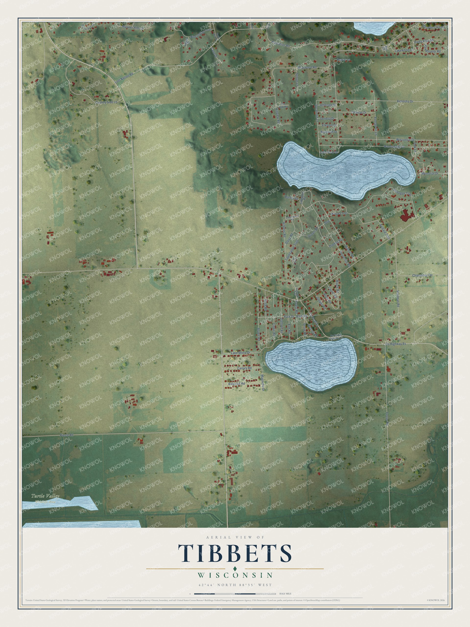 Full map of Tibbets, Wisconsin, with red buildings, printed street names and the land around them