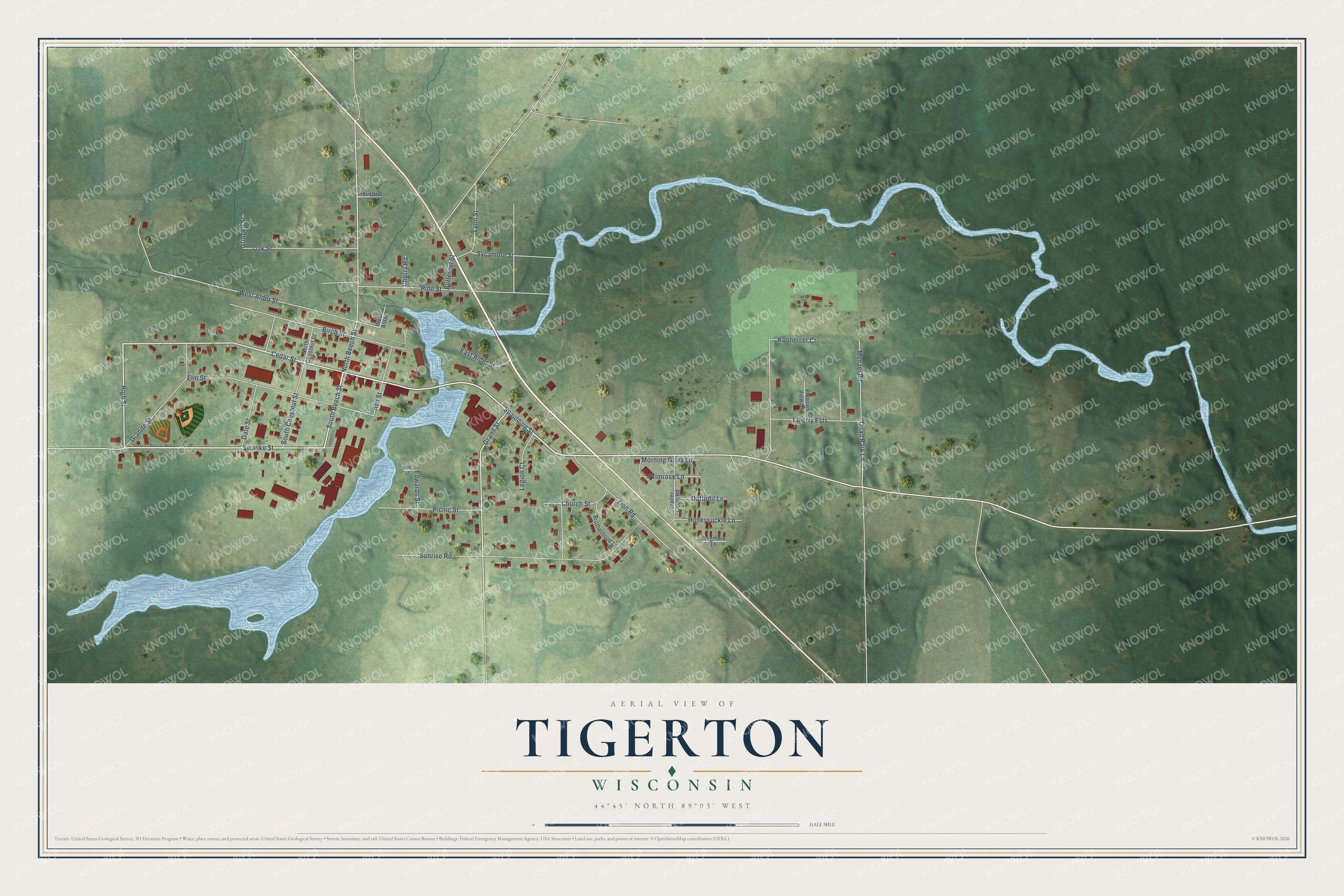 Full map of Tigerton, Wisconsin, with red buildings, printed street names and the land around them