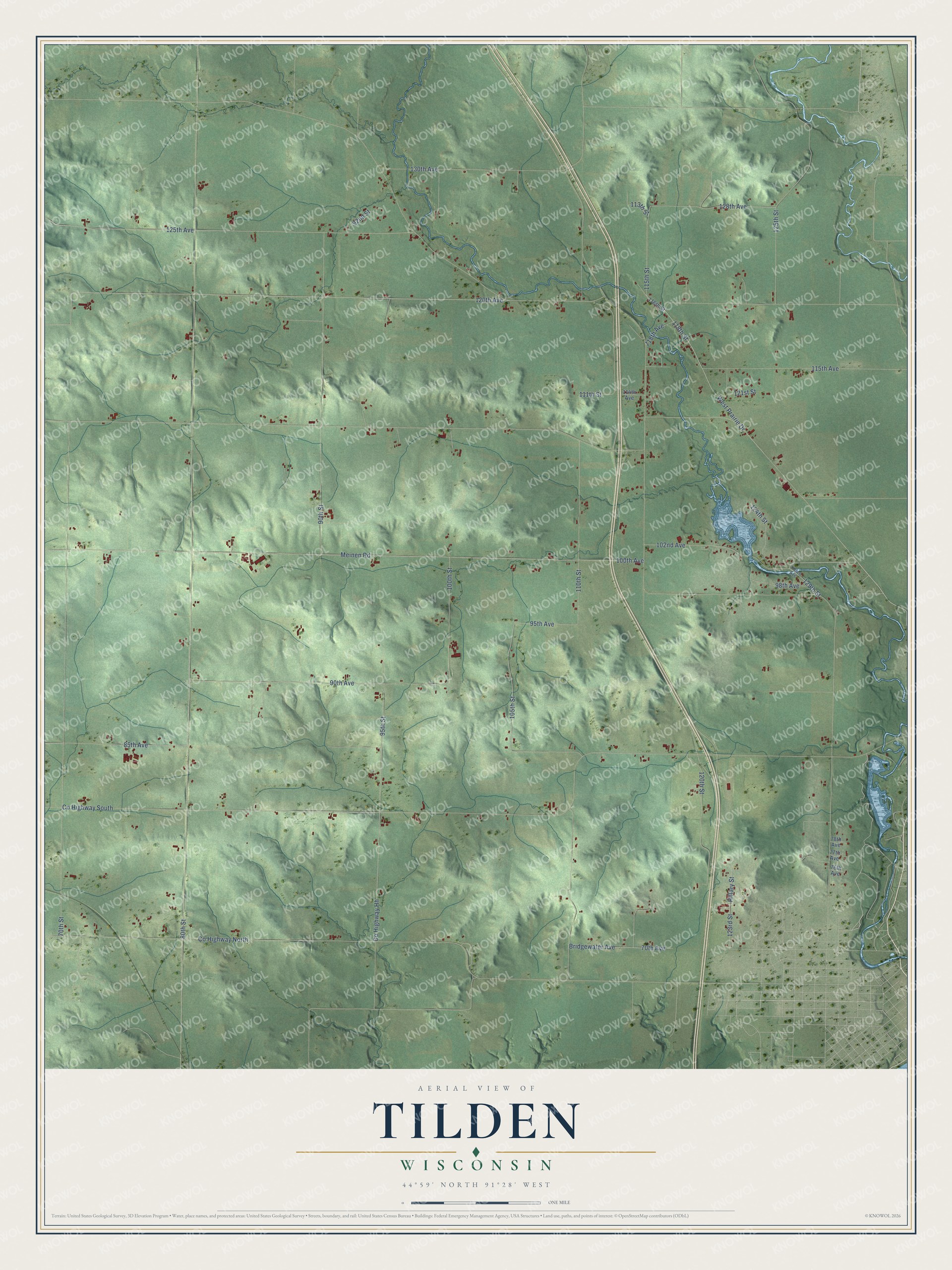 Full map of Tilden, Wisconsin, with red buildings, printed street names and the land around them