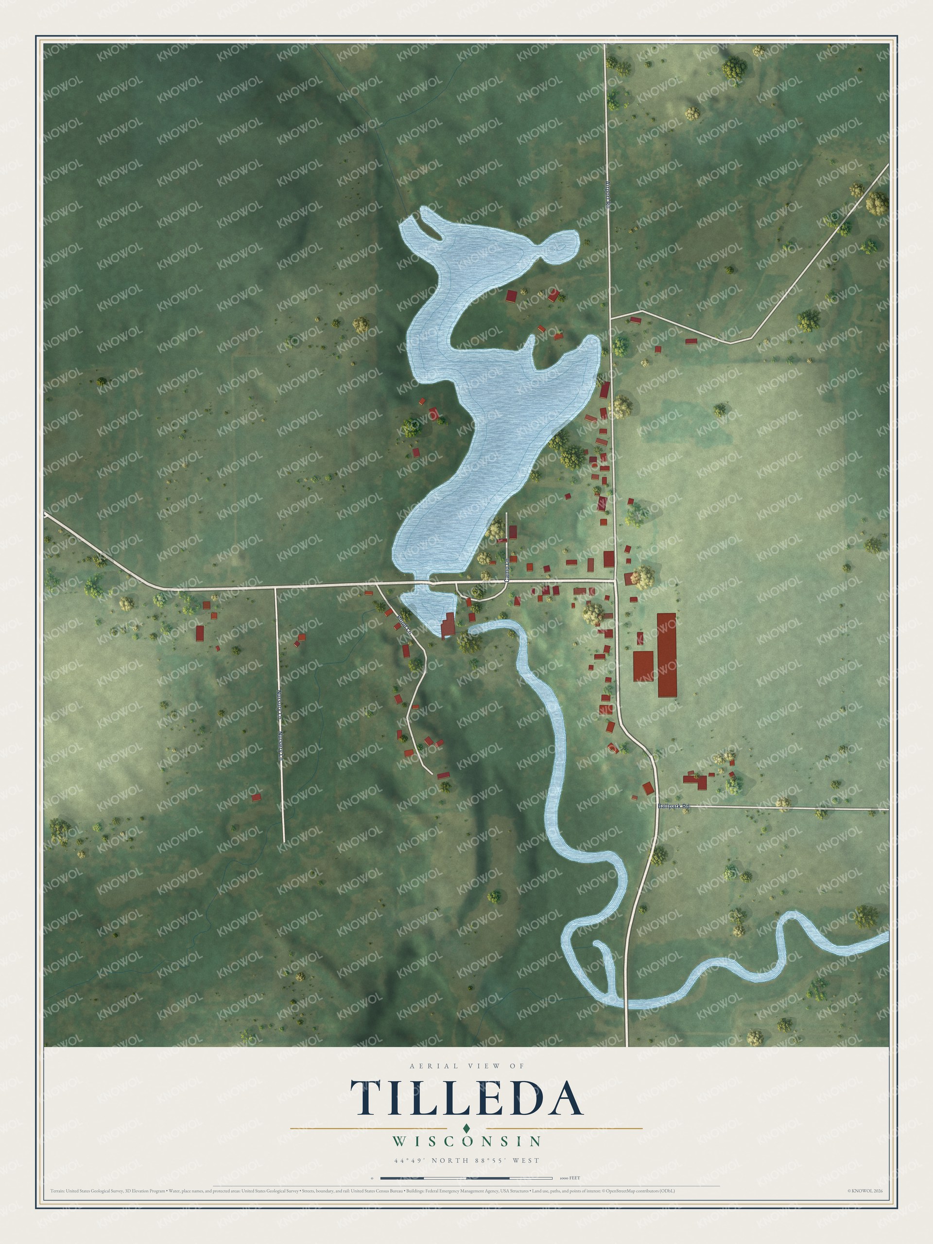 Full map of Tilleda, Wisconsin, with red buildings, printed street names and the land around them