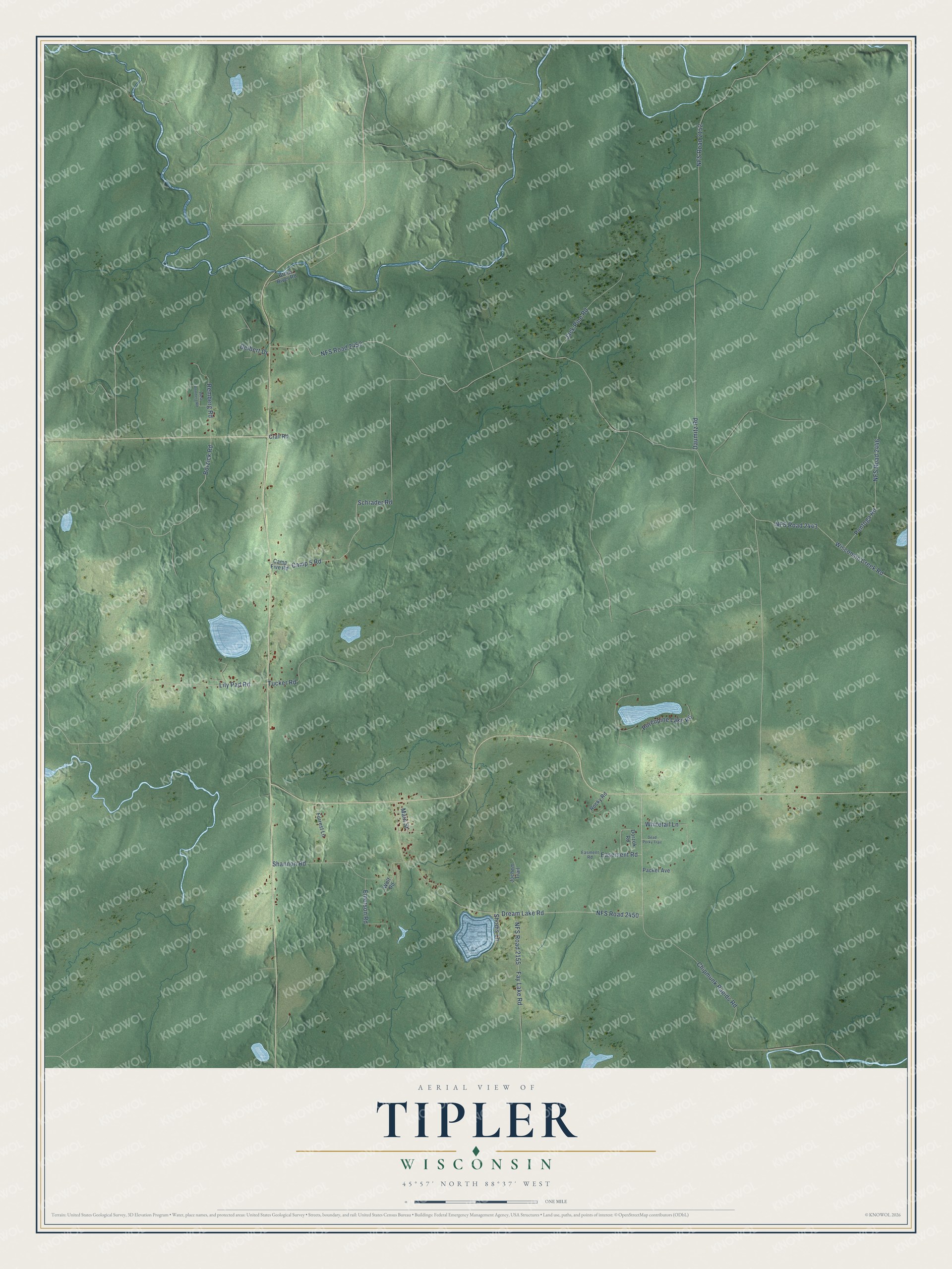 Full map of Tipler, Wisconsin, with red buildings, printed street names and the land around them