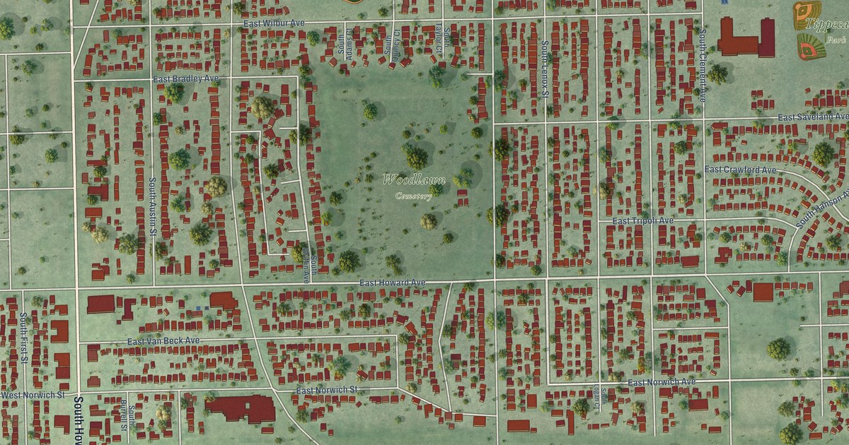 Close-up of streets and buildings in Tippecanoe, Wisconsin